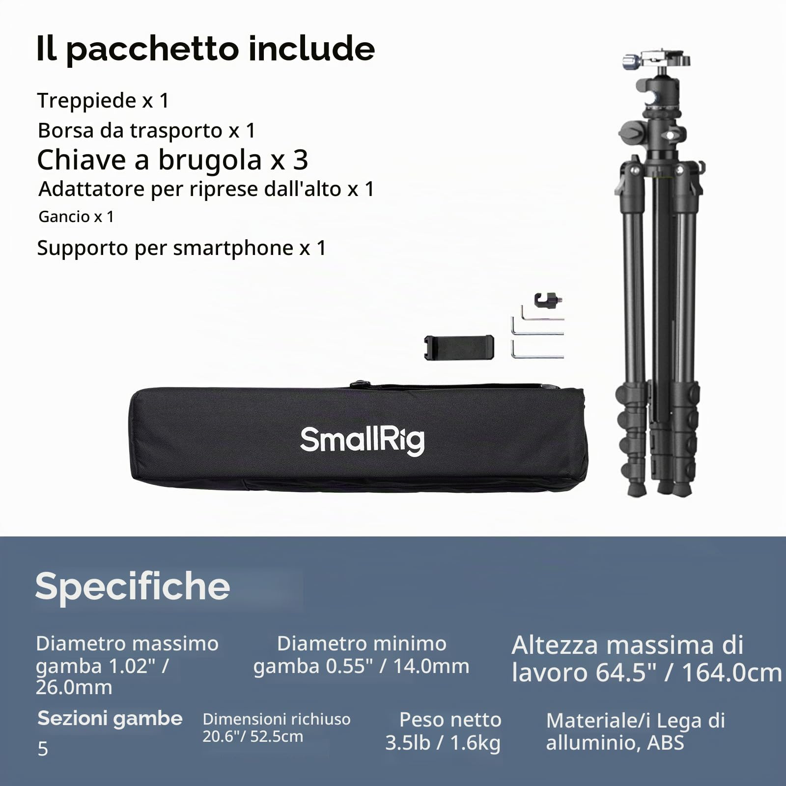 SmallRig CT25 - Treppiede orizzontale da 164 cm per iPhone e fotocamera, con supporto per telefono e borsa per il trasporto, 10 kg di carico massimo in alluminio leggero, treppiede per fotocamera per