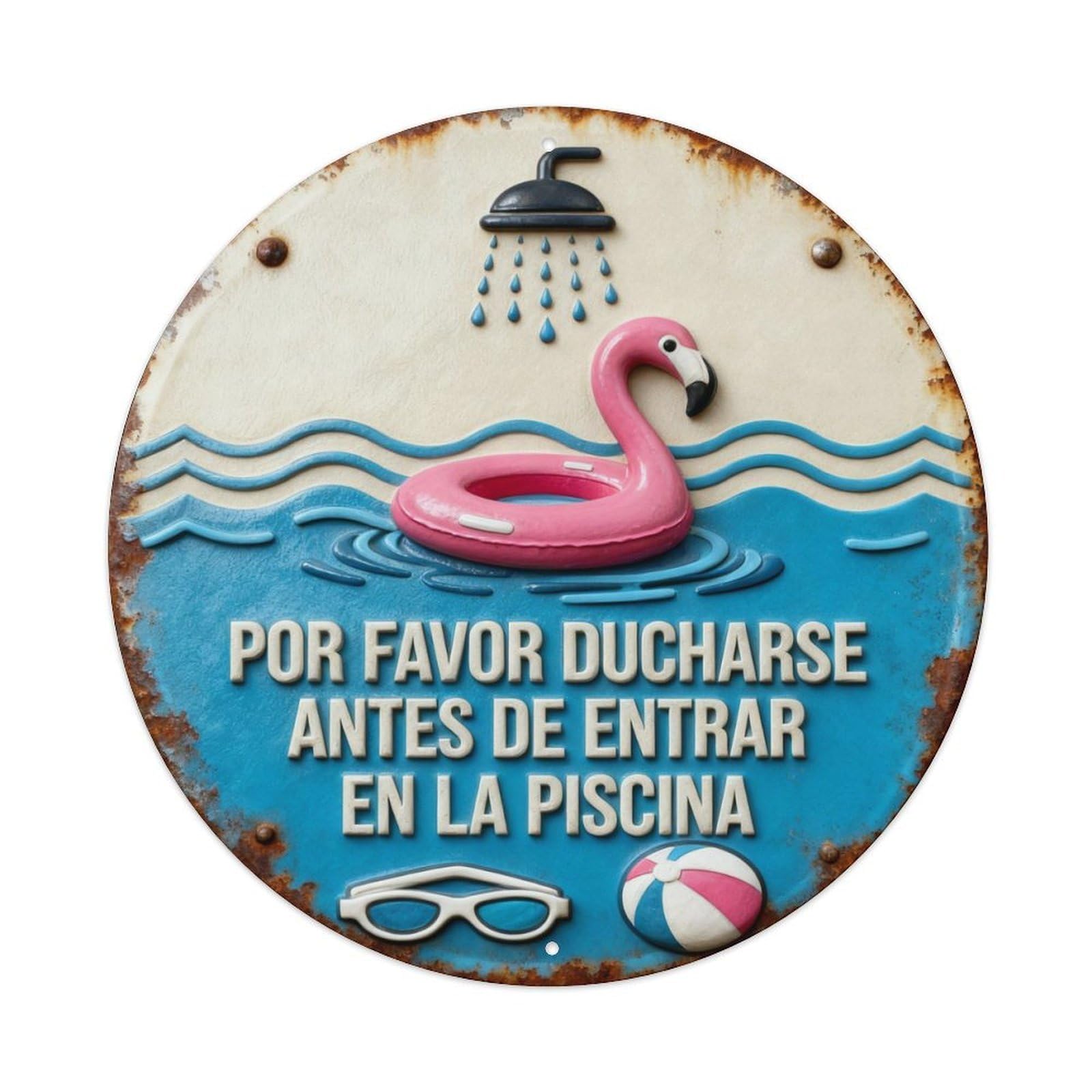 Flamingo Float Shower Water Pool Round Metal Tin Sign Vintage Wall Decor, Bar Garage Cafe Kitchen Home Wall Art Poster 8x8inches