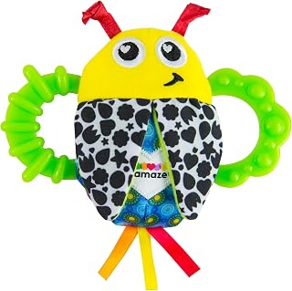 Lamaze Bitty Bite Bug Rattle 4.5 Inch - Teething Toy with Crinkle Wings, Jingle, Textured Handles for Baby Sensory Development