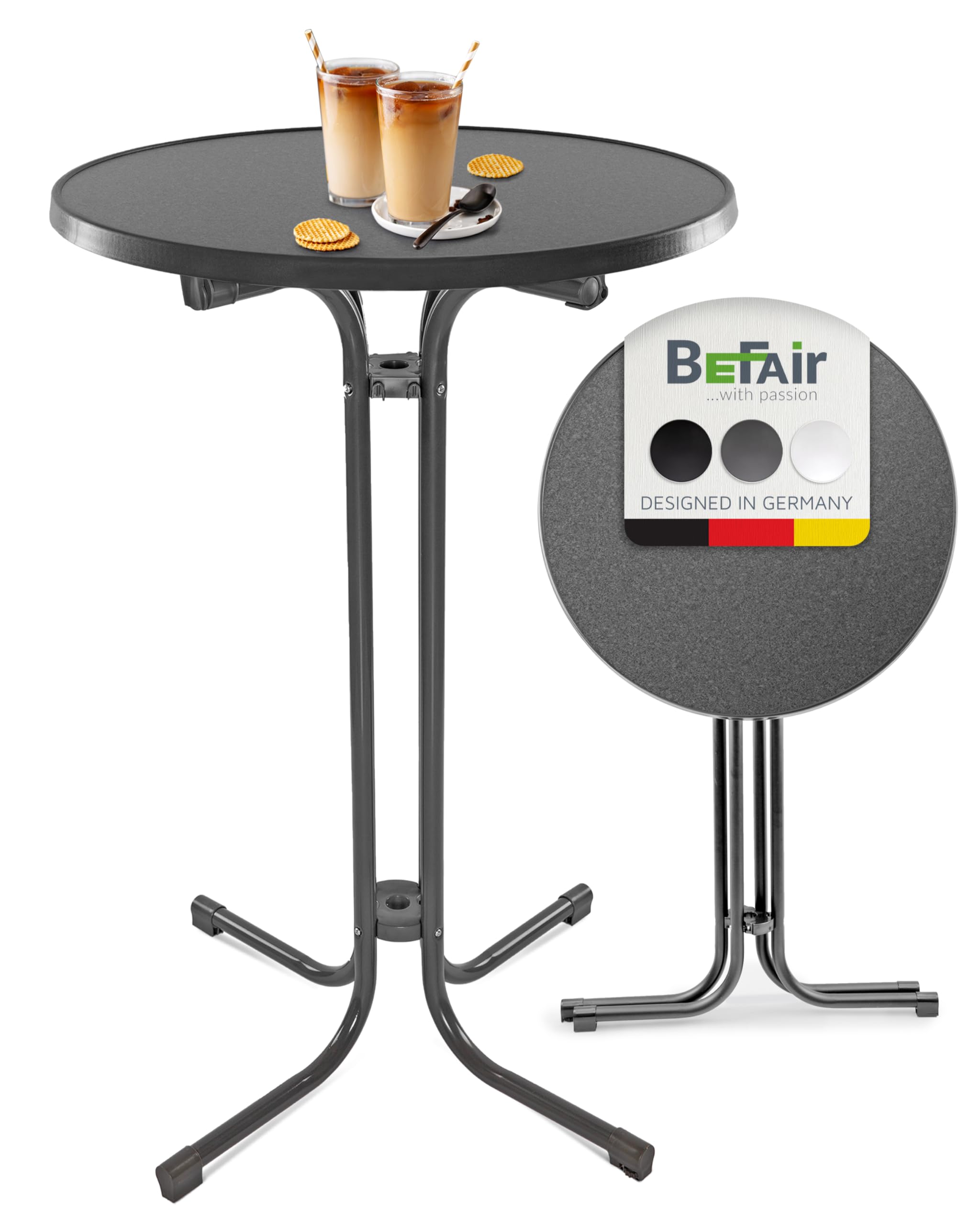 BeFair Stehtisch Klappbar Anthrazit, 80 cm Rund, Nico - Stabiler Bartisch in Höhe 110 cm mit 4 praktischen Haken für Jacken oder Handtaschen - Wetterbeständig, mit kratzfester Tischplatte