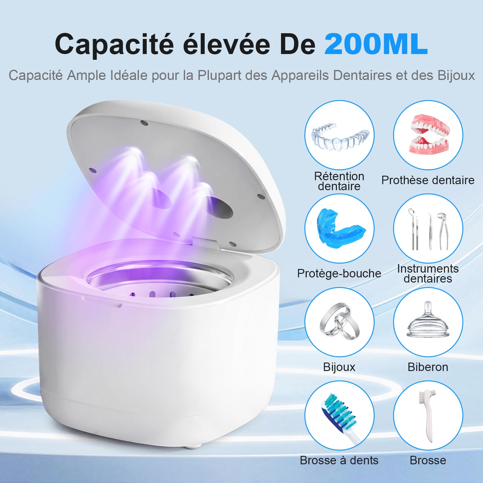Nettoyeur Ultrasons Pour Prothèses Dentaires 45kHz Haute Fréquence UV 3 Modes 200ML Réservoir INOX 304