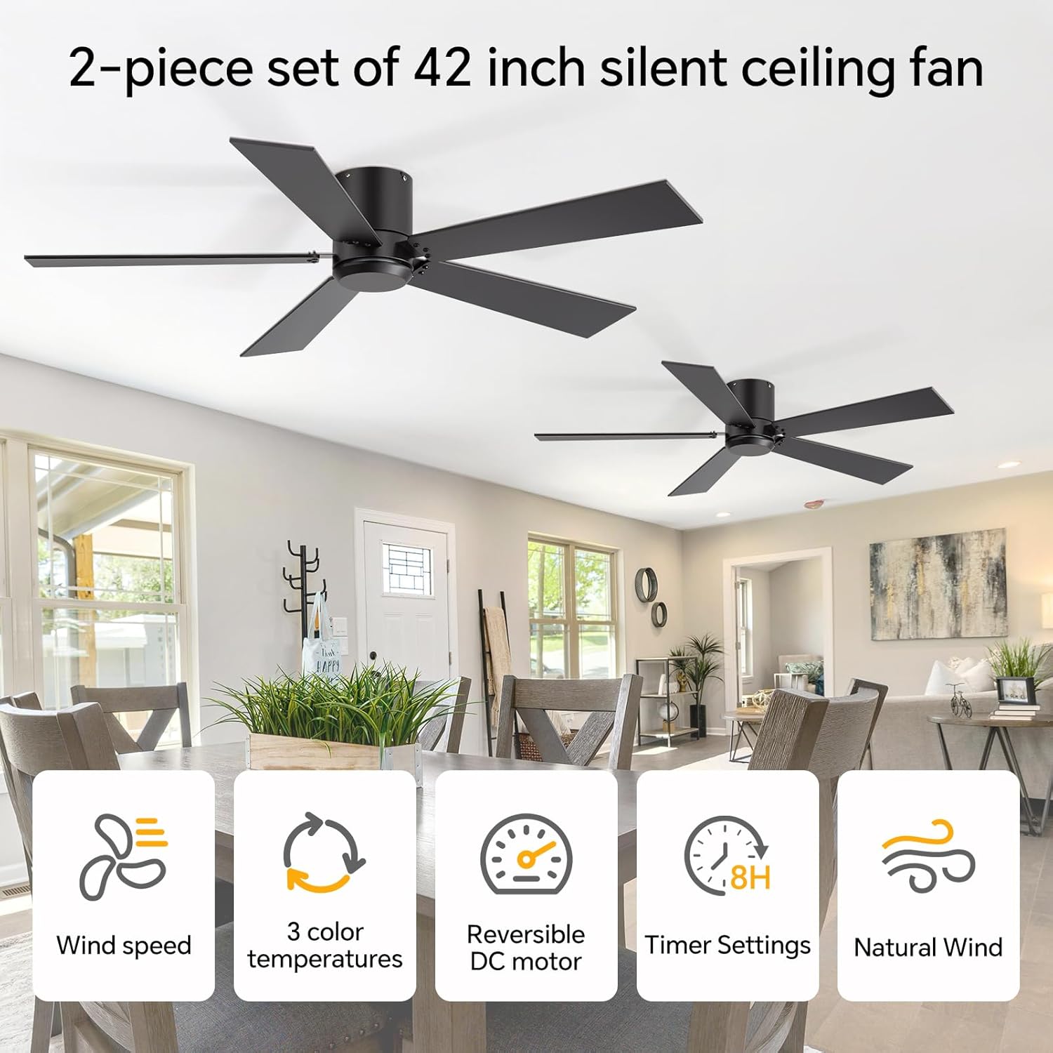 ZYD 2 Pack 42 Inch Outdoor Ceiling Fans with Remote, Black Ceiling Fan No Light with Quiet Reversible DC Motor, 5 Blade Modern Ceiling Fans for Patio Living Room Bedroom Indoor