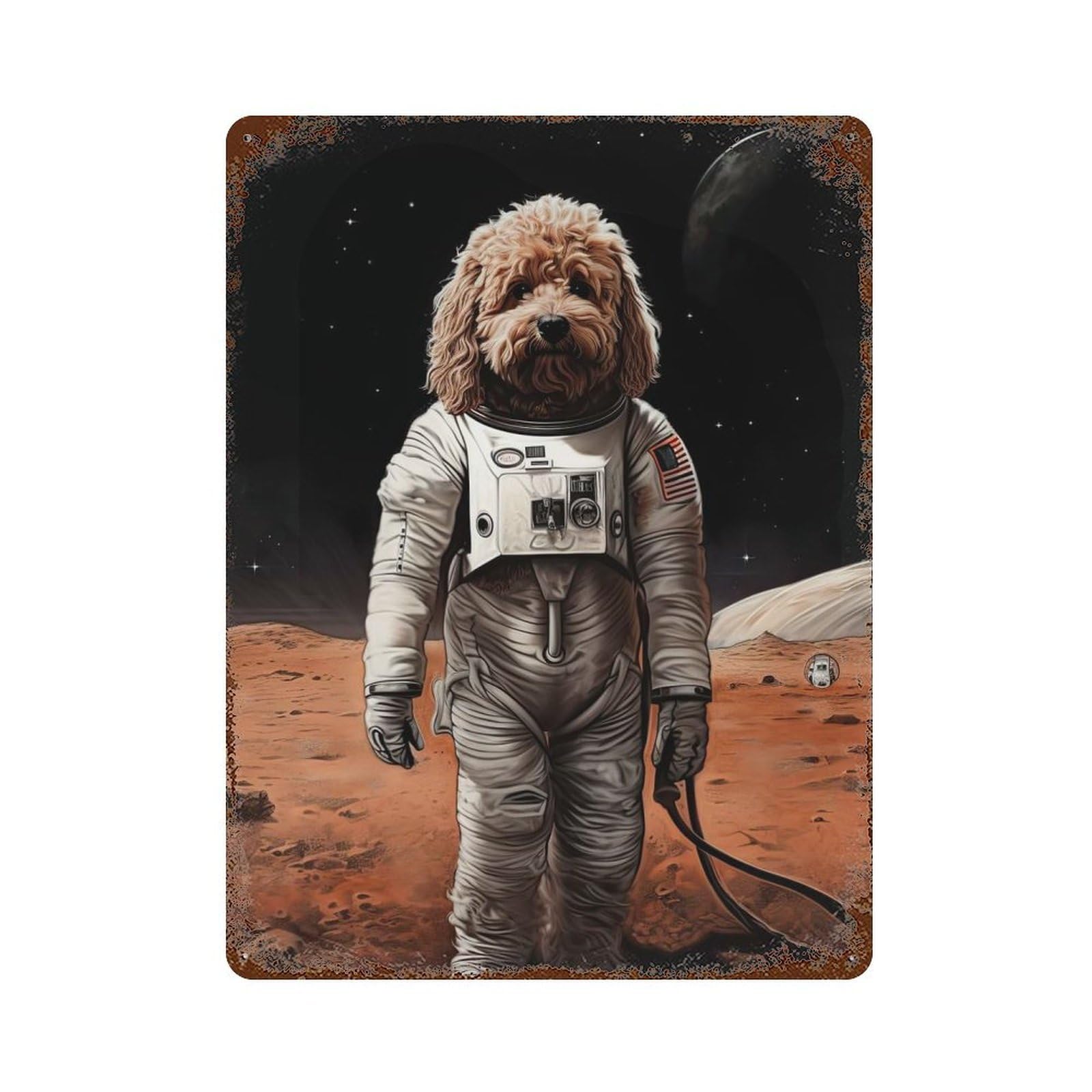 Goldendoodle Dog On Mars Rust Effect Tin Sign 15.7"x11.8", Ideal for Shed, Workshop And Garage Wall Decor