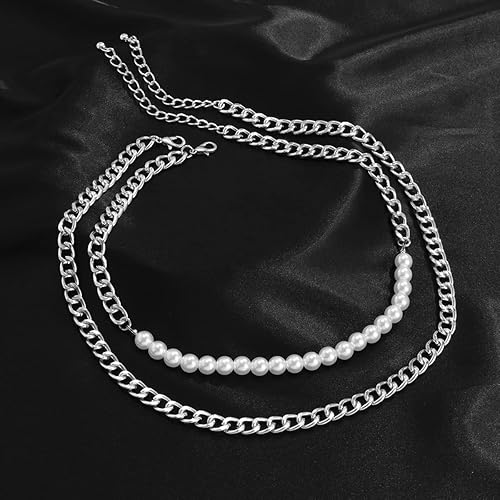 Miniatura 3 de YERTTER Gargantilla de cadena gruesa de 2 capas de plata para hombre, gargantilla de cadena plana de media perla, gargantilla de cadena gruesa