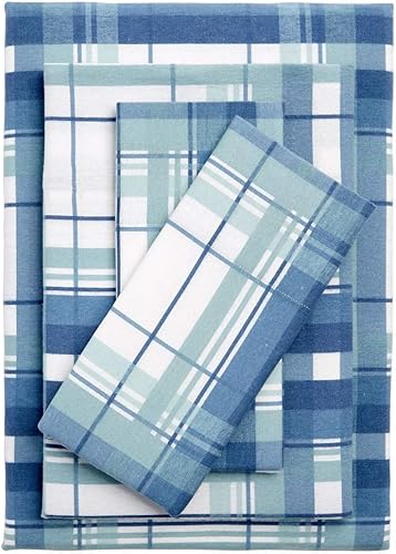 Juego de sábanas clásicas de algodón azul a cuadros de 4 piezas de alta calidad, para todas las estaciones, cómodas, cálidas, acogedoras, suaves,