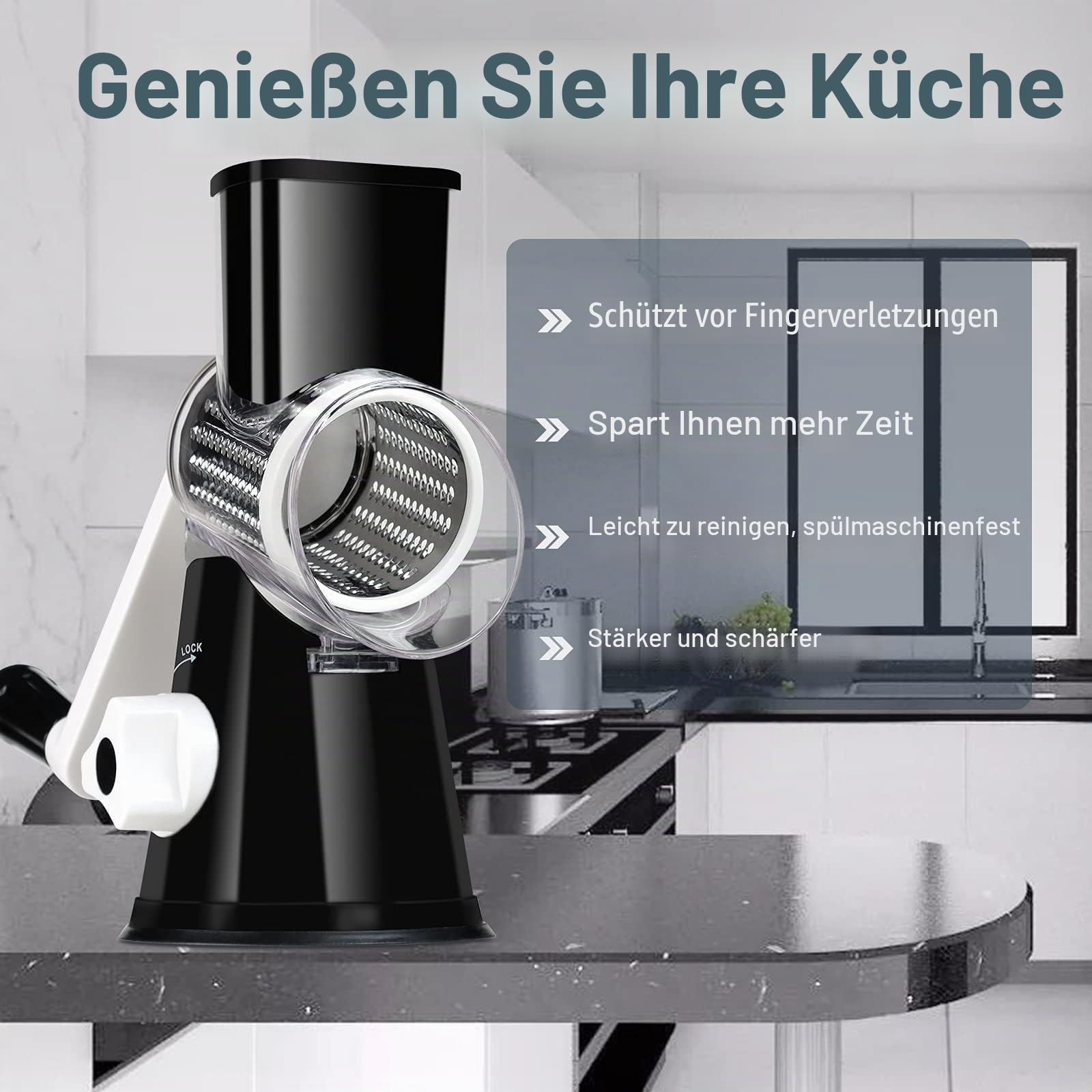 KEOUKE Rotary Cheese Reibe mit Griff Gemüse Käse Shredder Slicer Reibe für Küche 3 Wechselklingen für Käse Kartoffel Zucchini Nüsse Schokolade - Schwarz
