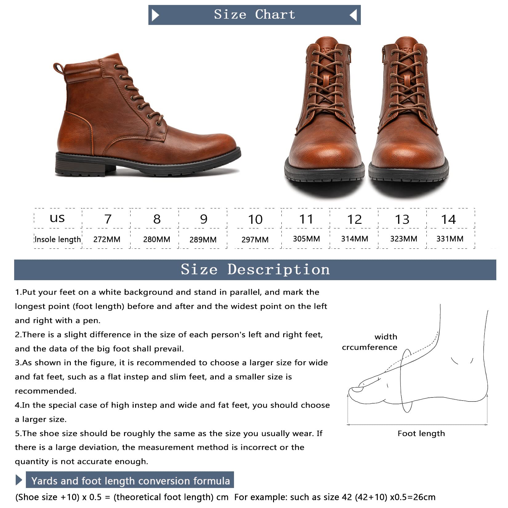 AMAPO Men's Boots,Casual Mid-Top Dress Boots for Men,Ankle Motorcycle Combat Men Boots Lace-Up Side Zipper(A22716-BRN-44)