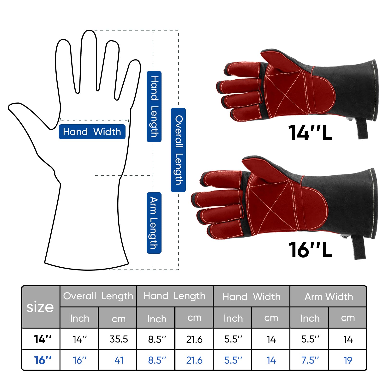 TICONN Gants de soudage de 40,6 cm, résistants à la chaleur de 537,8 °C, gants en cuir ignifuges pour soudeur, bâton, forge, Mig, Tig, barbecue, pâtisserie, four (noir/rouge, taille L)