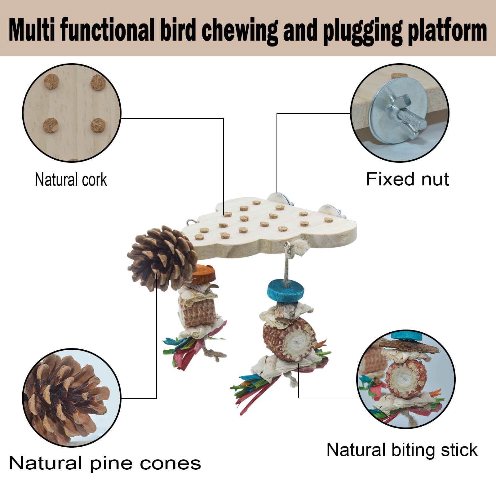 Parrot Toys, Parrot Wooden Bird Toys, Long Tailed Parrot Toys with Pure Natural Corn Sticks, Small and Medium-Sized Parrot Toys with Pure Natural Pine Cones, Fun Bird Cage Accessories
