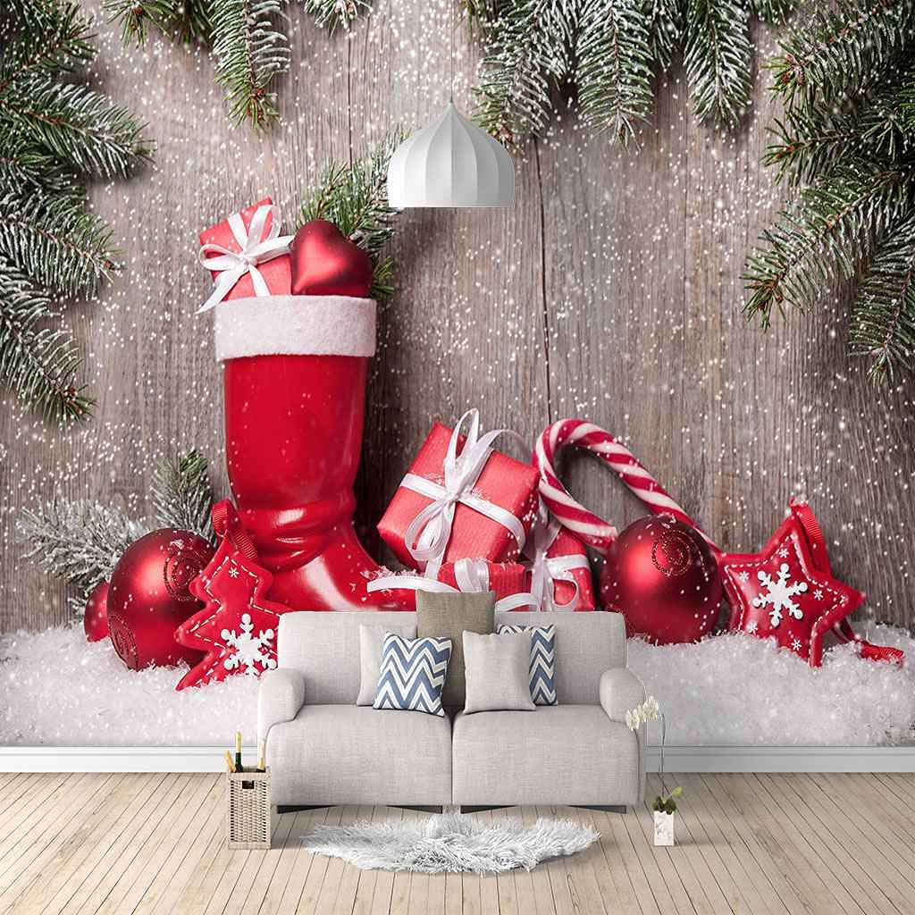 Papier peint rouge Noël 350x256 cm canevas auto-adhésif pour chambre