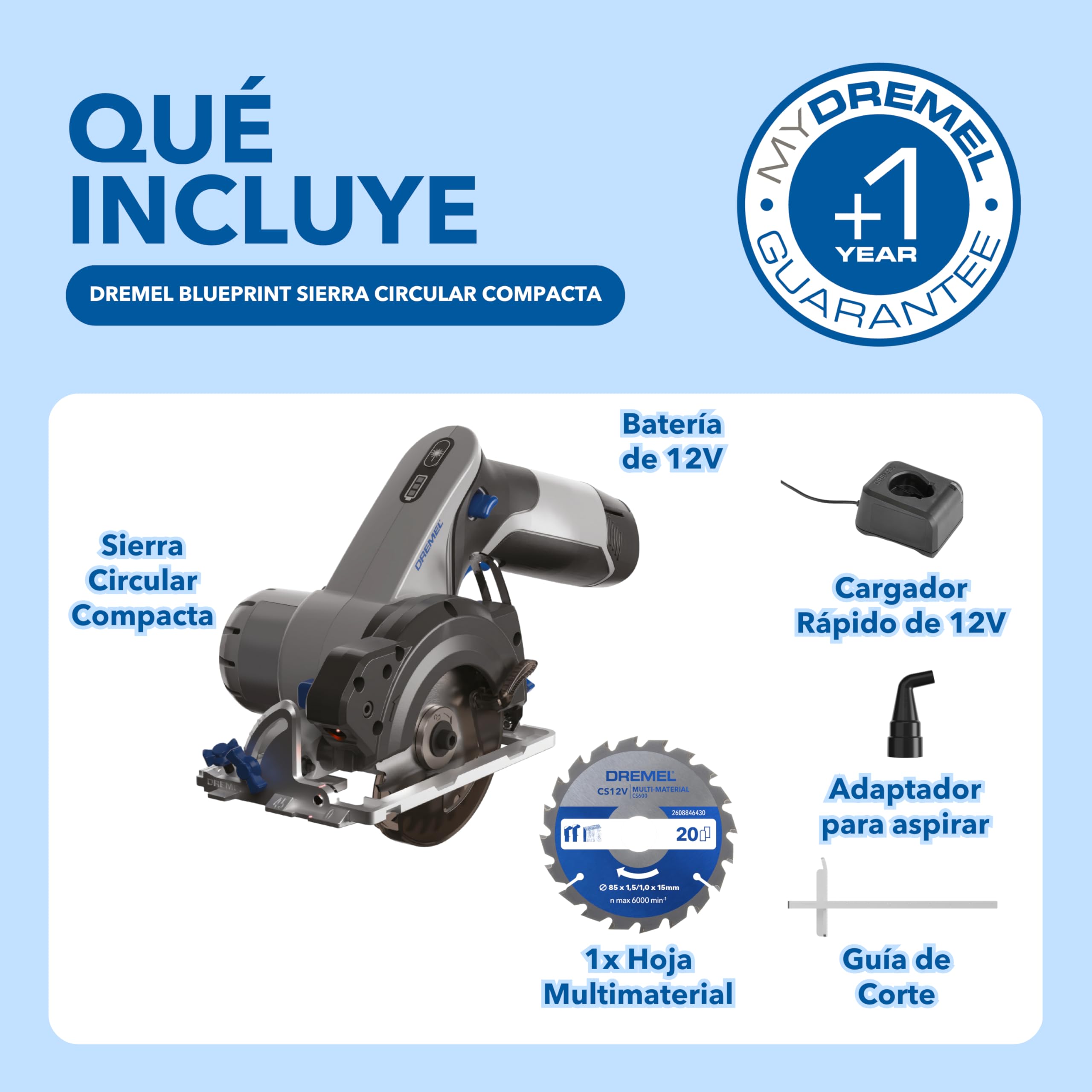 Dremel Blueprint 12V sierra circular compacta sin cable con motor sin escobillas, con guía de línea láser, guía para cortes en bisel, 1x hoja de sierra circular multi-material, guía de corte al hilo