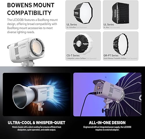 Miniatura 6 de Godox LE300Bi 315W Luz de video LED bicolor, 58900Lux1M con control de aplicación, 2800K-6500K CRITLCI 98+98+ Luz de estudio con 11 efectos FX,