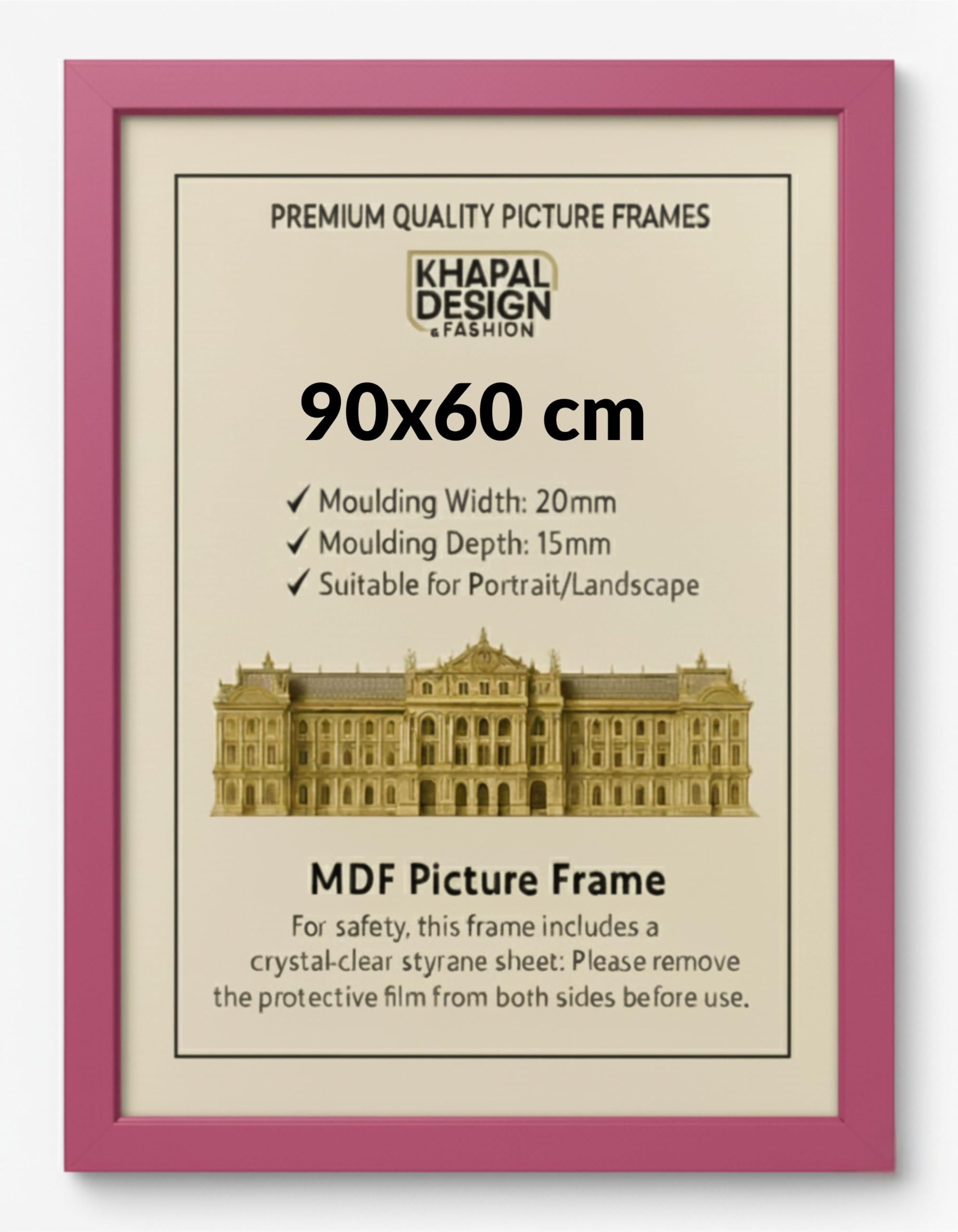 90x60 cm Picture Frame – MDF Photo Framet | Posters Prints Certificates Home Office Gallery Décor - (Pink)