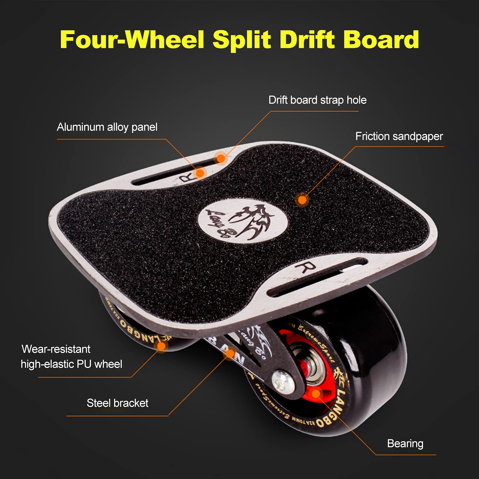 Drift Board - Patín para adultos con ruedas de poliuretano (superficie de tablero de esmeril, rueda negra)