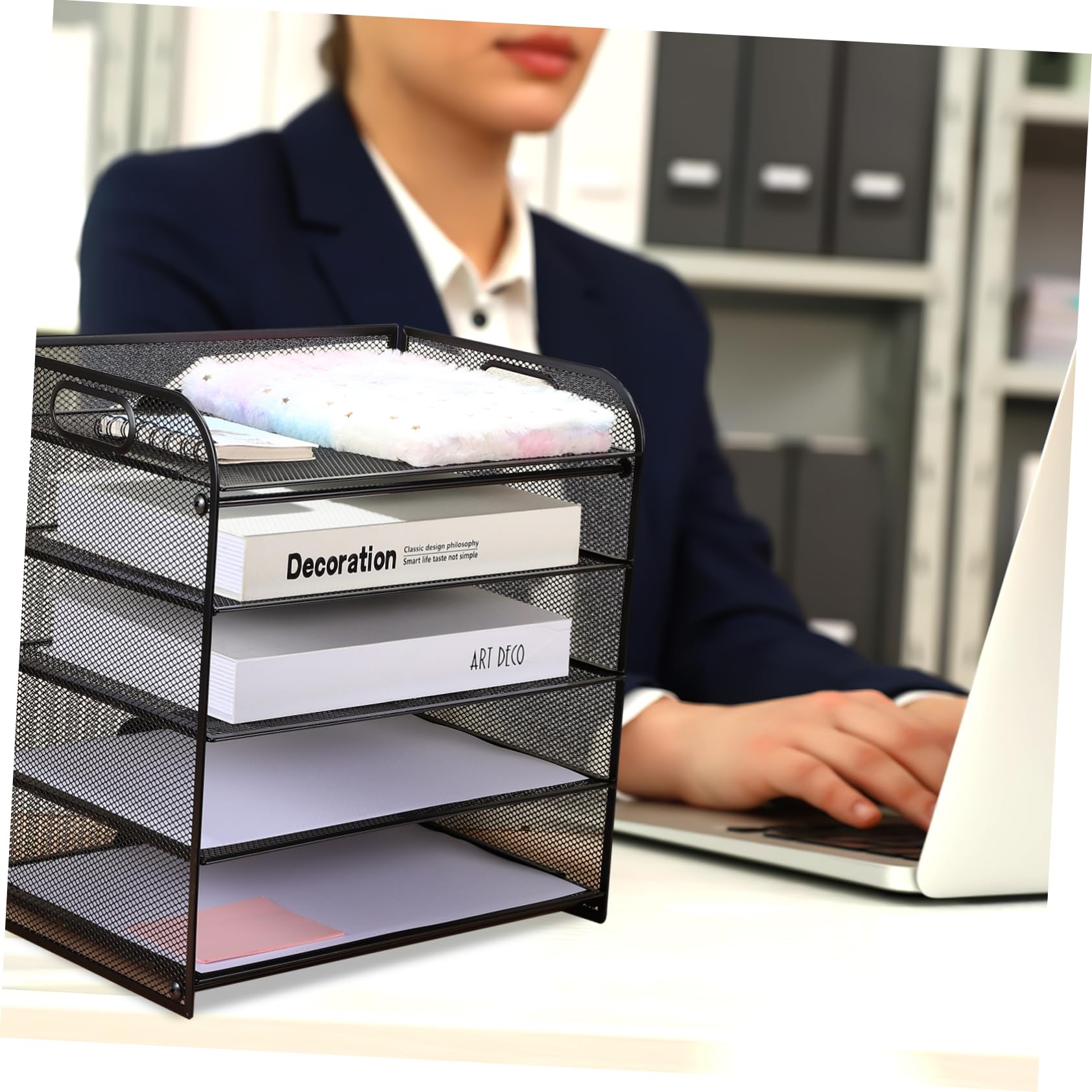 PLAFOPE Portadocumenti Design a Rete Organizzatore da Tavolo Nero in Acciaio al Carbonio a 5 Livelli Facile da Trasportare, per Ufficio e Scrivania Desktop