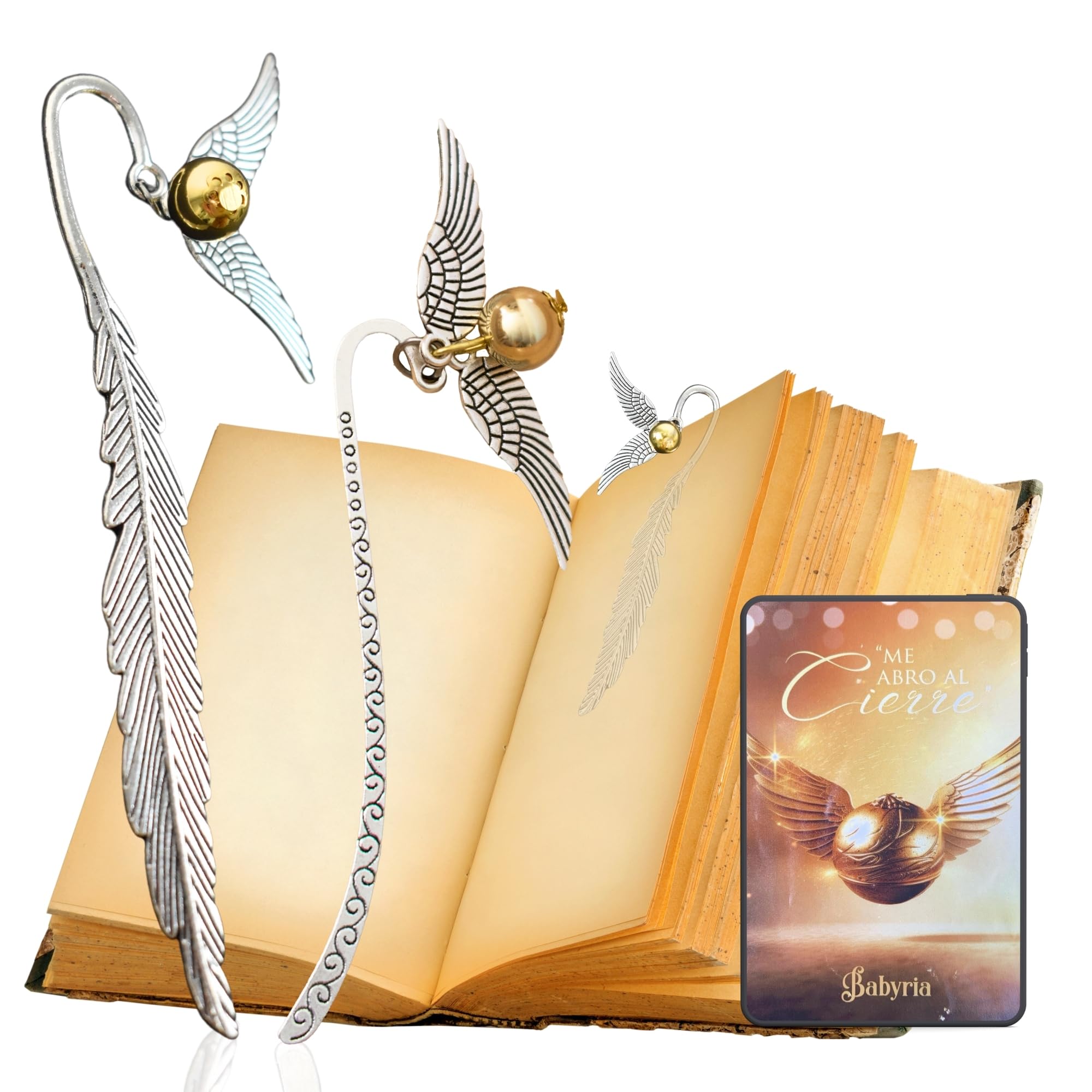 Kit 2 UDS - Marcapaginas Separador de Libro Snitch Dorada Harry Potter : Regalos Originales Merchandising,Marca Paginas para Libros,Accesorios Marcapáginas punto Fans de la Saga (Punteado y Pluma)