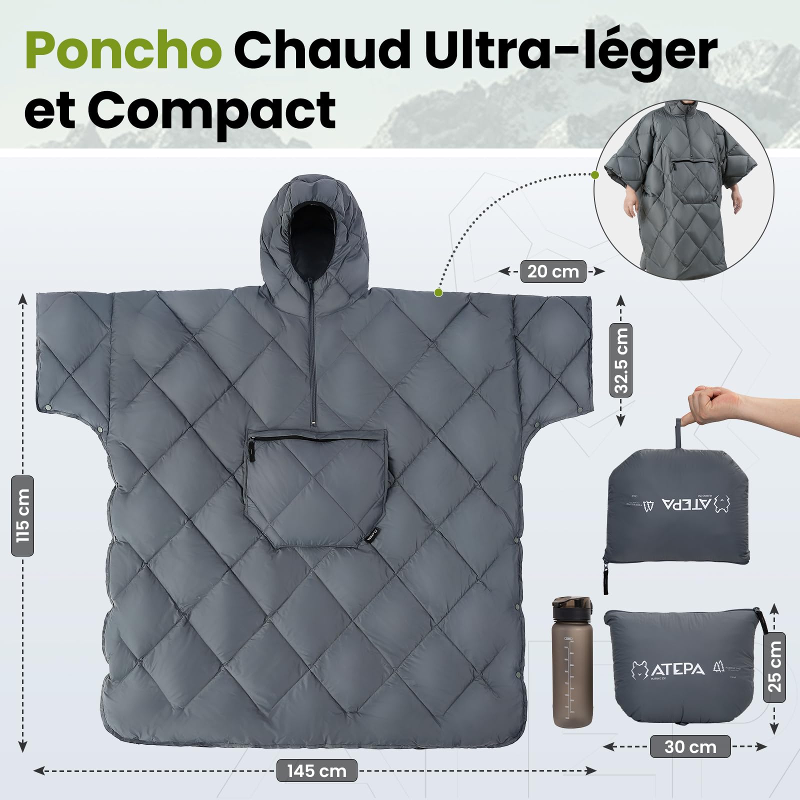 ATEPA Légère Couverture De Camping Multifonctionnelle avec Capuche, Imperméable Et Coupe-Vent, Poncho De Plein Air Portable avec Poches, Idéale pour Les Voyages 145x115 Cm, 0,65 Kg