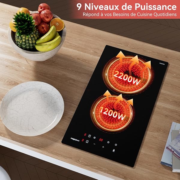 magicplux Plaque Vitrocéramique 2 Zones, 3400W, 29,5cm, 9 Niveaux de Puissance, Commande Tactile, Verrouillage Enfants, Minuteur 1-99 Min, Geeignet für Alle Töpfe, Zones Duales, avec Fiche - 3