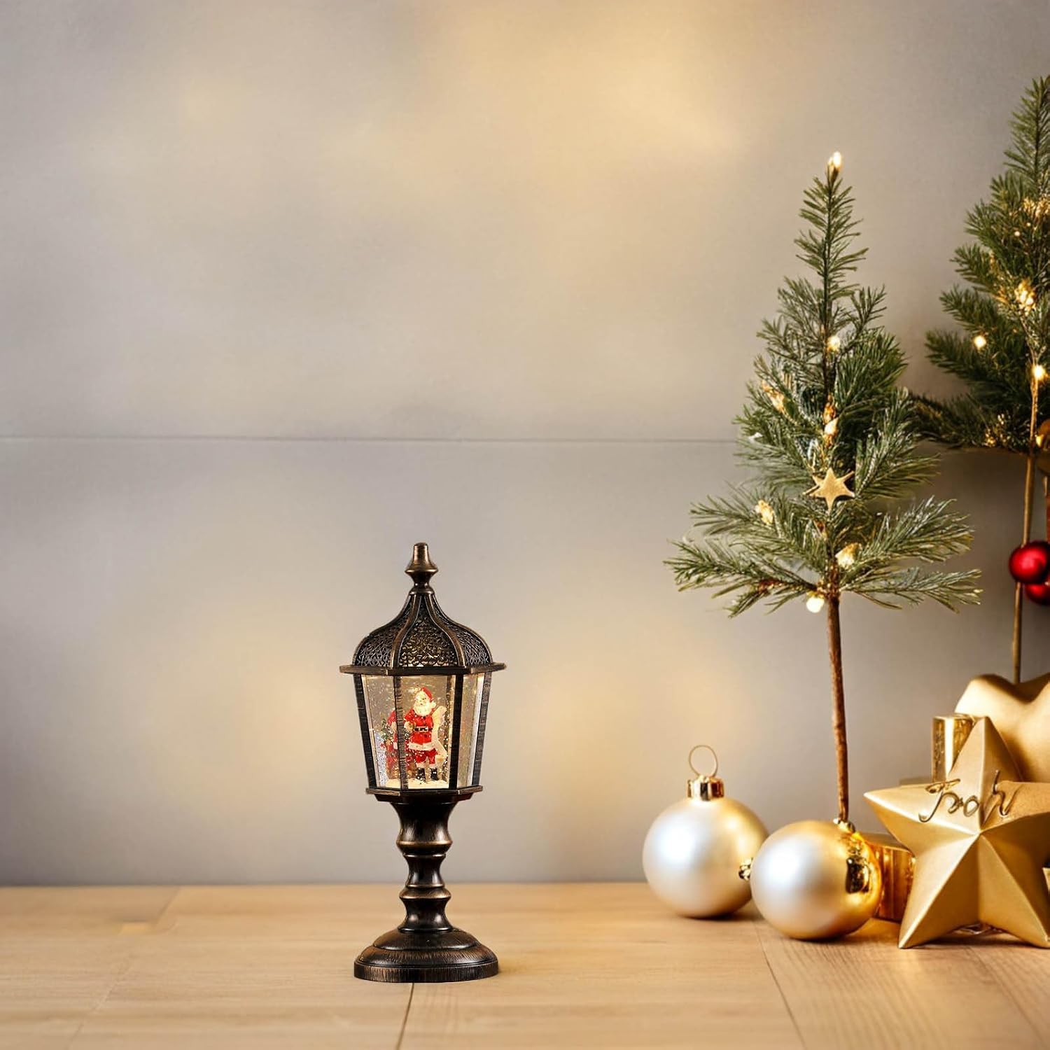 2pcs Musical Snow Globe Lantern Resin Christmas Decorative Light | Waterfilled Pvc and Resin Build, Office Decor, Festive Table Centerpiece