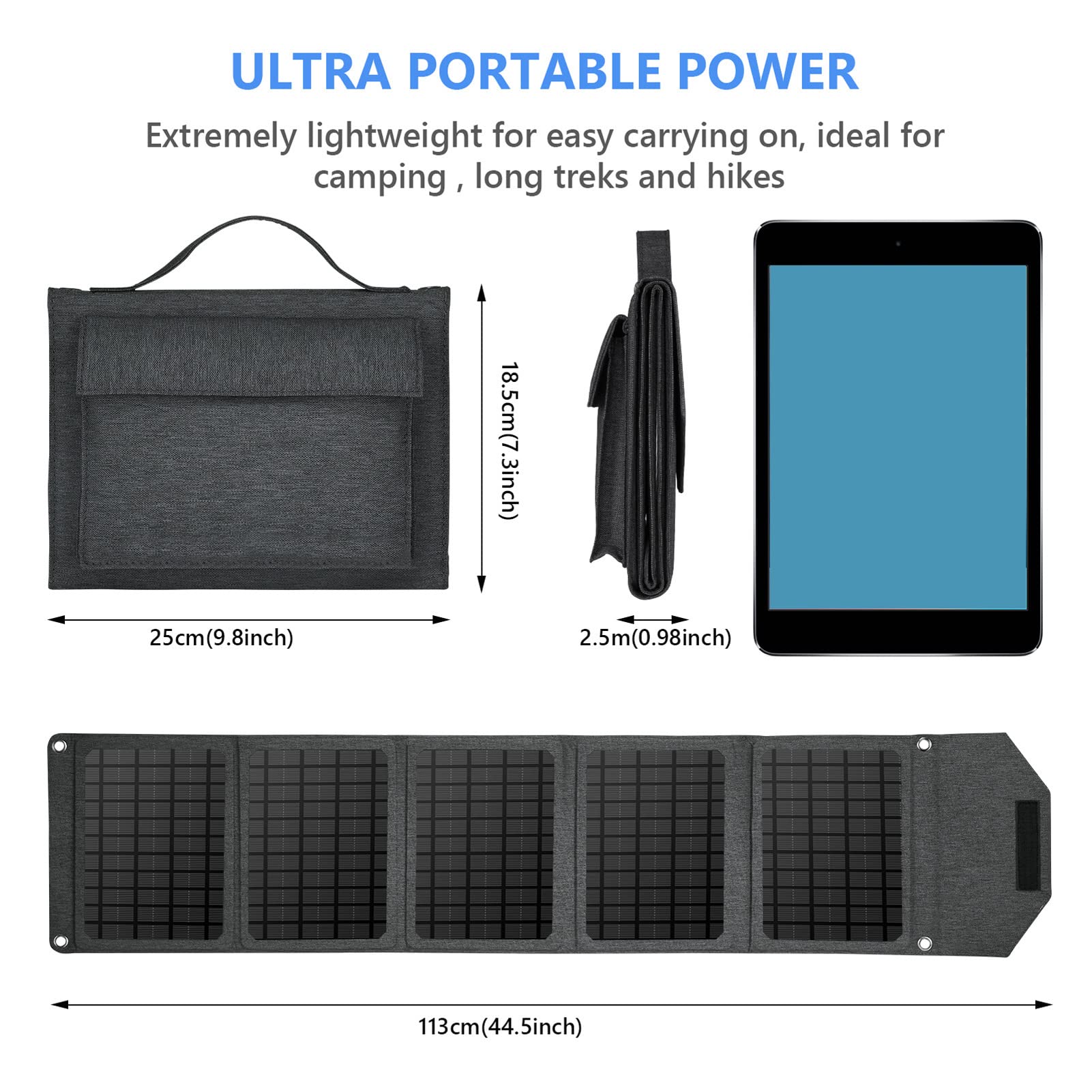 KANASI Sac Pliable pour Panneau Solaire 30W, Chargeur Portable à Double Sortie USB DC pour Camping en Plein air randonnée Alimentation de Secours