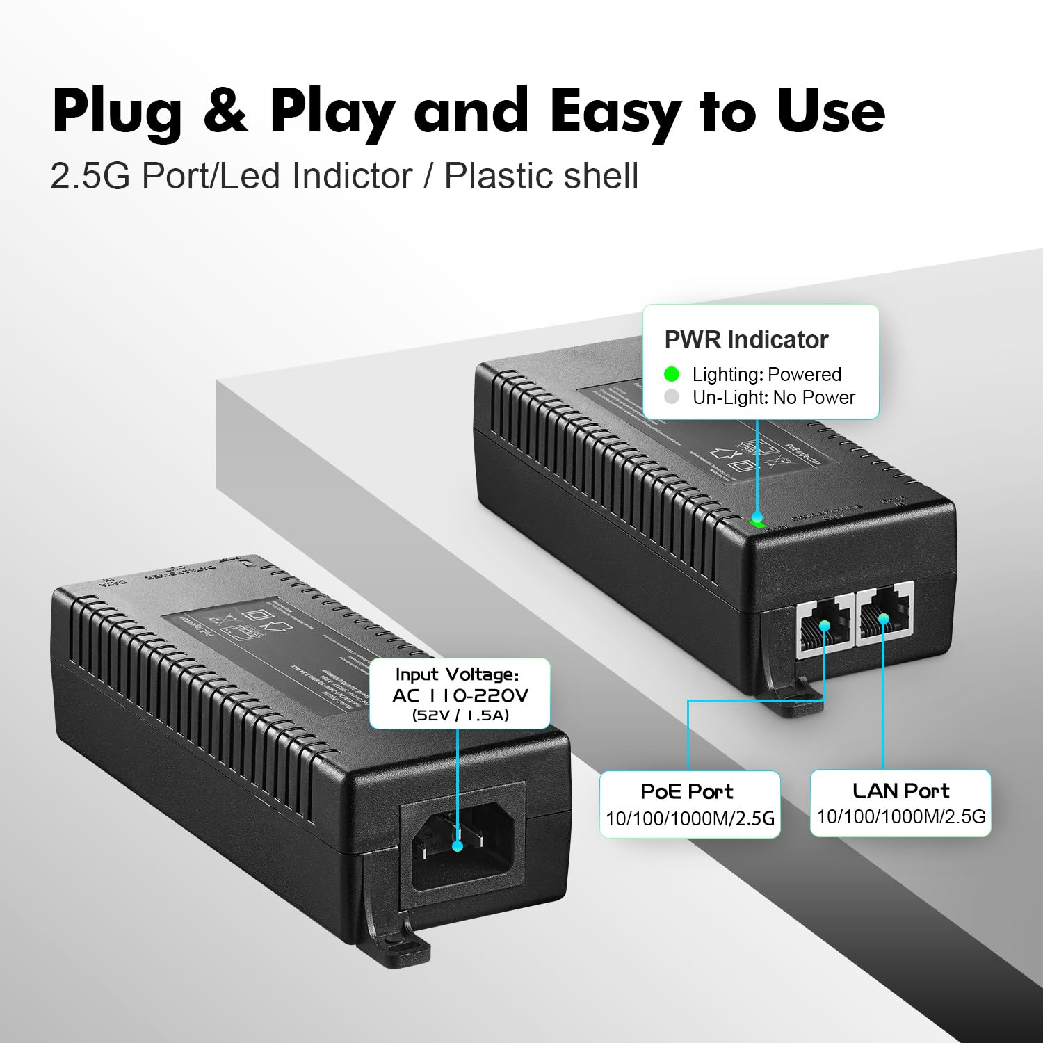 Injecteur PoE+ 2,5 Gigabit 60 W, adaptateur PoE YuLinca conforme à 802.3af/at/bt, 100/1000/2500 Mbps, Plug & Play, distance jusqu'à 100 mètres