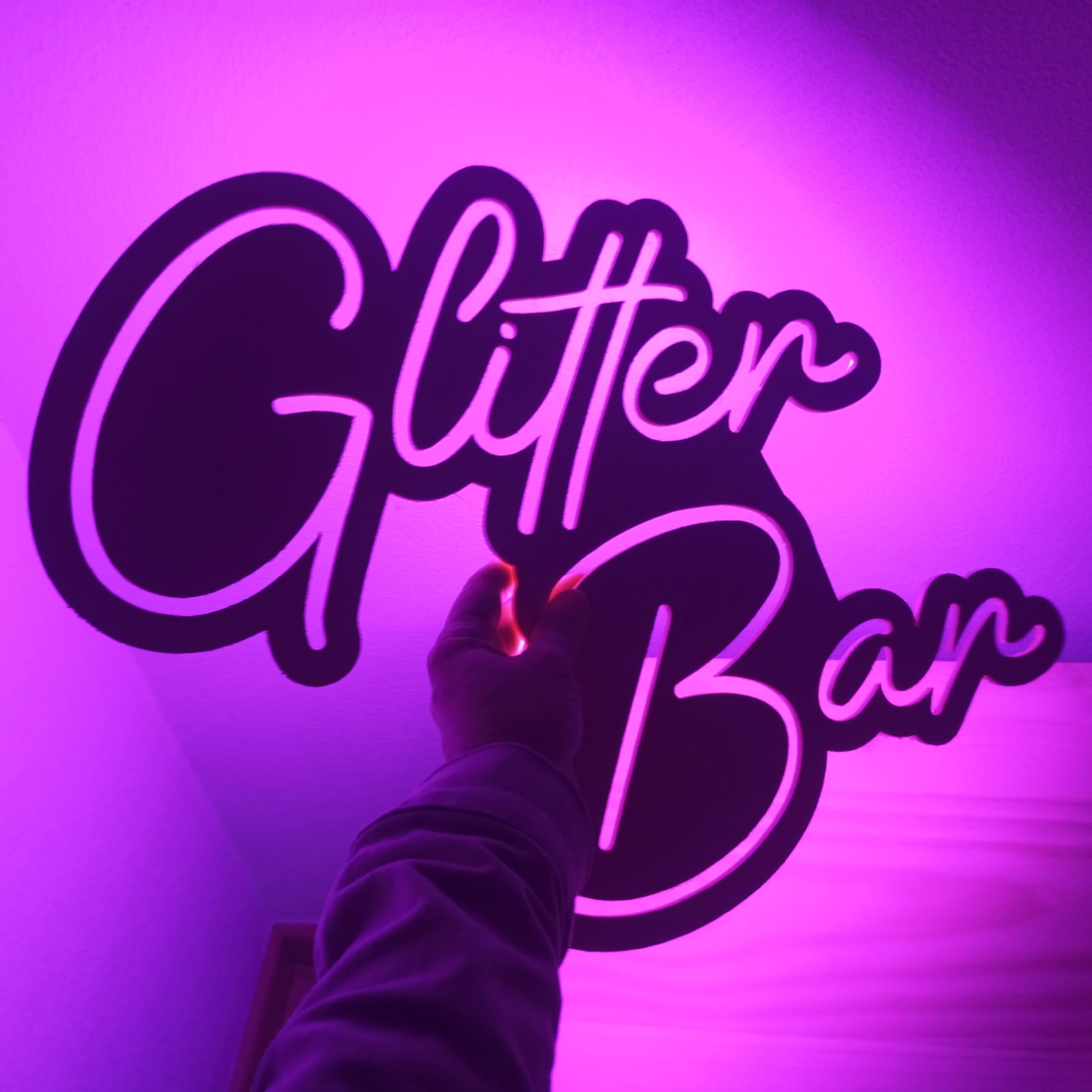 Cartel luz de neon-led Glitter Bar sobre madera - Letrero luminoso fiesta purpurina eventos
