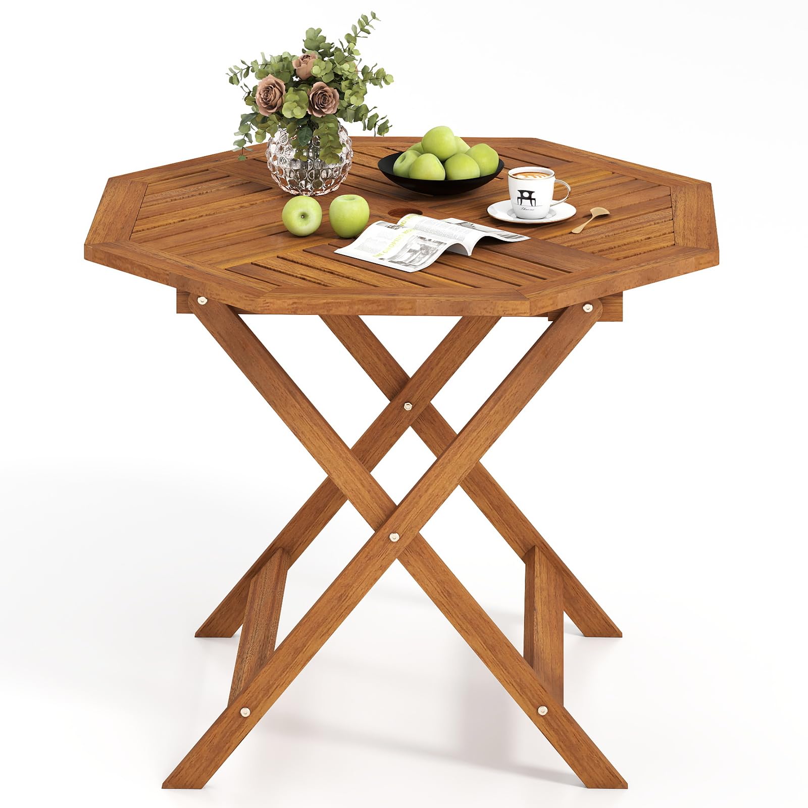 COSTWAY Table de Jardin Octogonale en Bois Massif, Table d’Appoint Extérieure Ø 90CM en Cadre X avec Trou pour Parapluie et Plateau à Lattes Spacieux, pour Balcon Patio Salle à Manger