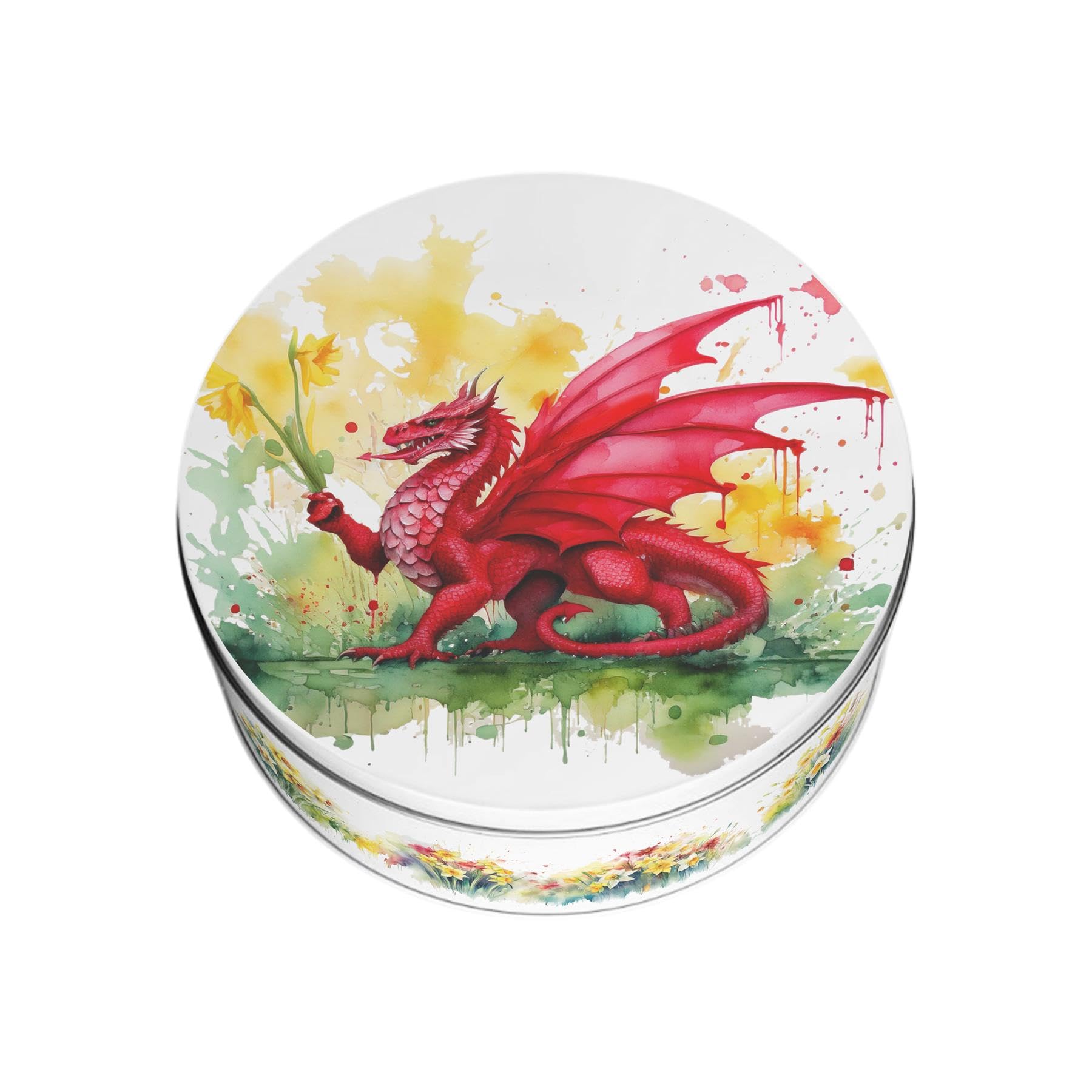 Purely Home Daffodils & Dragon Small Cake Tin - Patriotic Welsh Souvenir Kitchen Gifts - Round Metal Storage Container for Baking 18 x 7cm