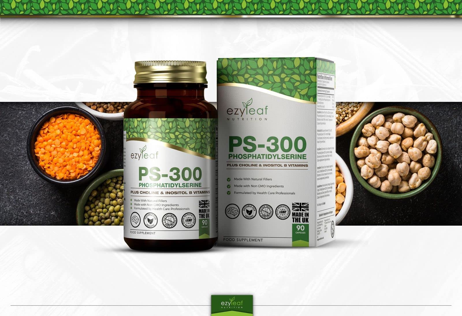 Ezyleaf Fosfatidilserina PS-300 con Bitartrato de Colina y Myo Inositol | 90 Cápsulas de Alta Potencia - Porción de 300mg | Fosfatidilserina y Colina | Sin OGM ni Gluten, Certificación ISO del RU
