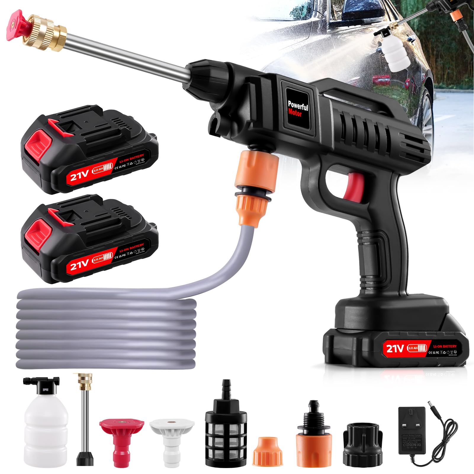 Nettoyeur Haute Pression sans Fil 80 Bar - 2 Batteries Incluses, Buse 6 en 1 Réglable et Tuyau 5m - pour Voiture, Jardin, Terrasse, Fenêtres