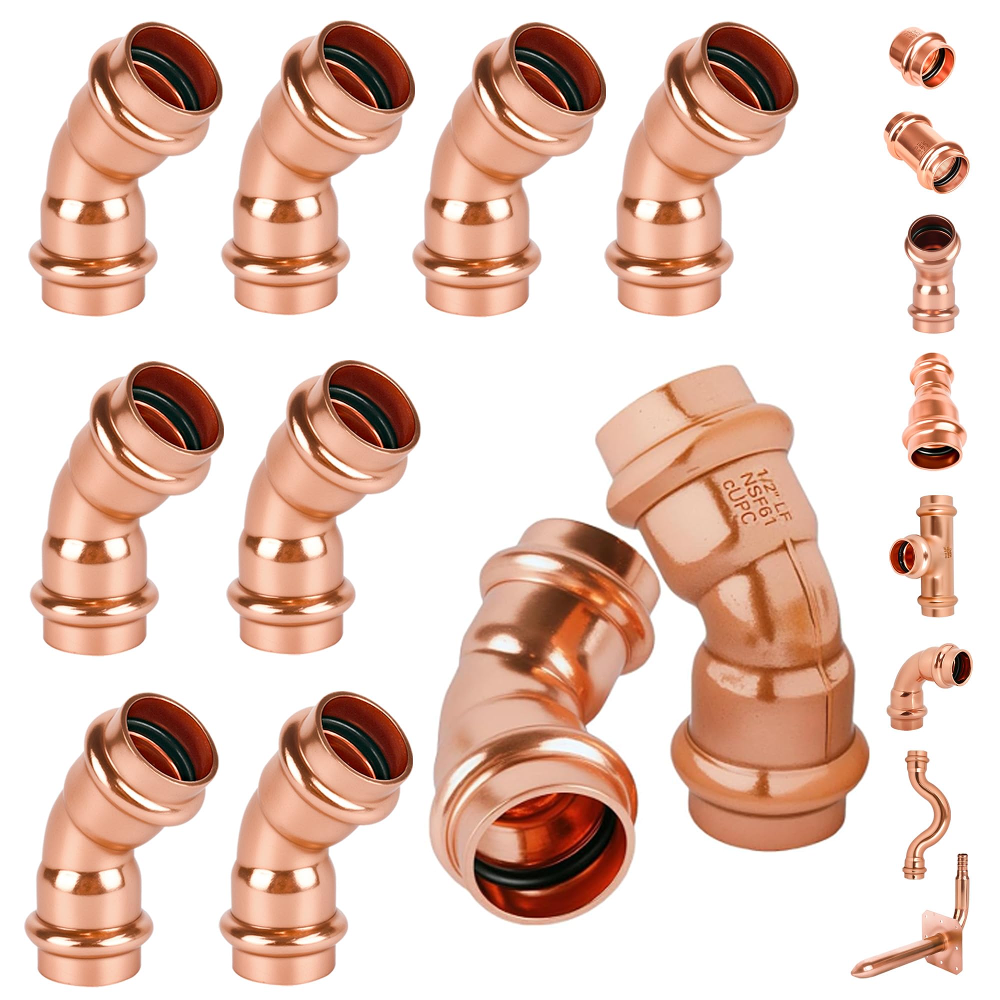 Lot de 10 coudes à presser en cuivre 1/2" - Raccord de plomberie PxP 45° - Cuivre/laiton sans plomb - Raccords ProPress 1/2" - Compatible avec tuyau en cuivre, eau potable, raccord à pression