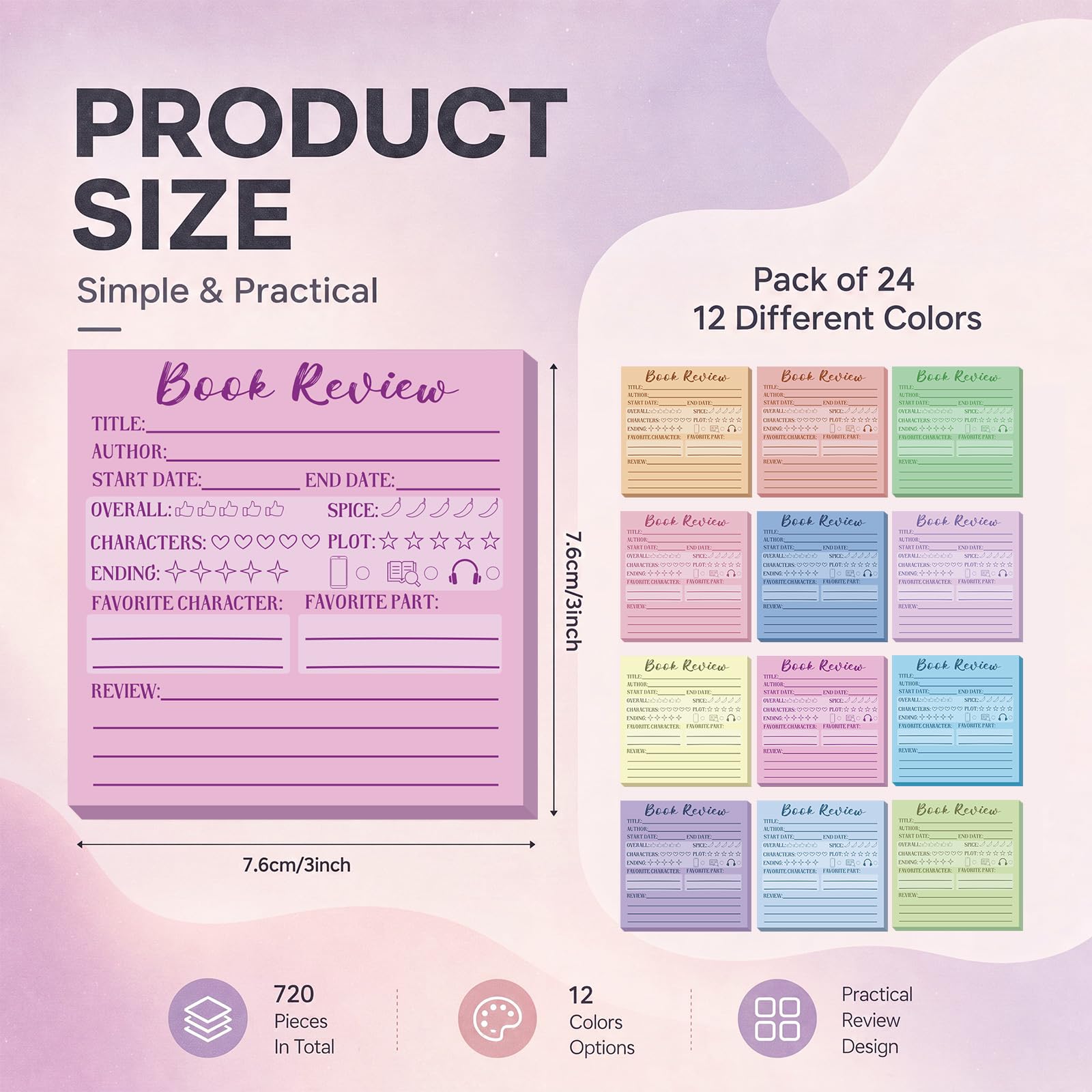AmazingSpark 24 Stück Pastell-Buch Review Sticky Notizblock 7,5 x 7,5 cm
