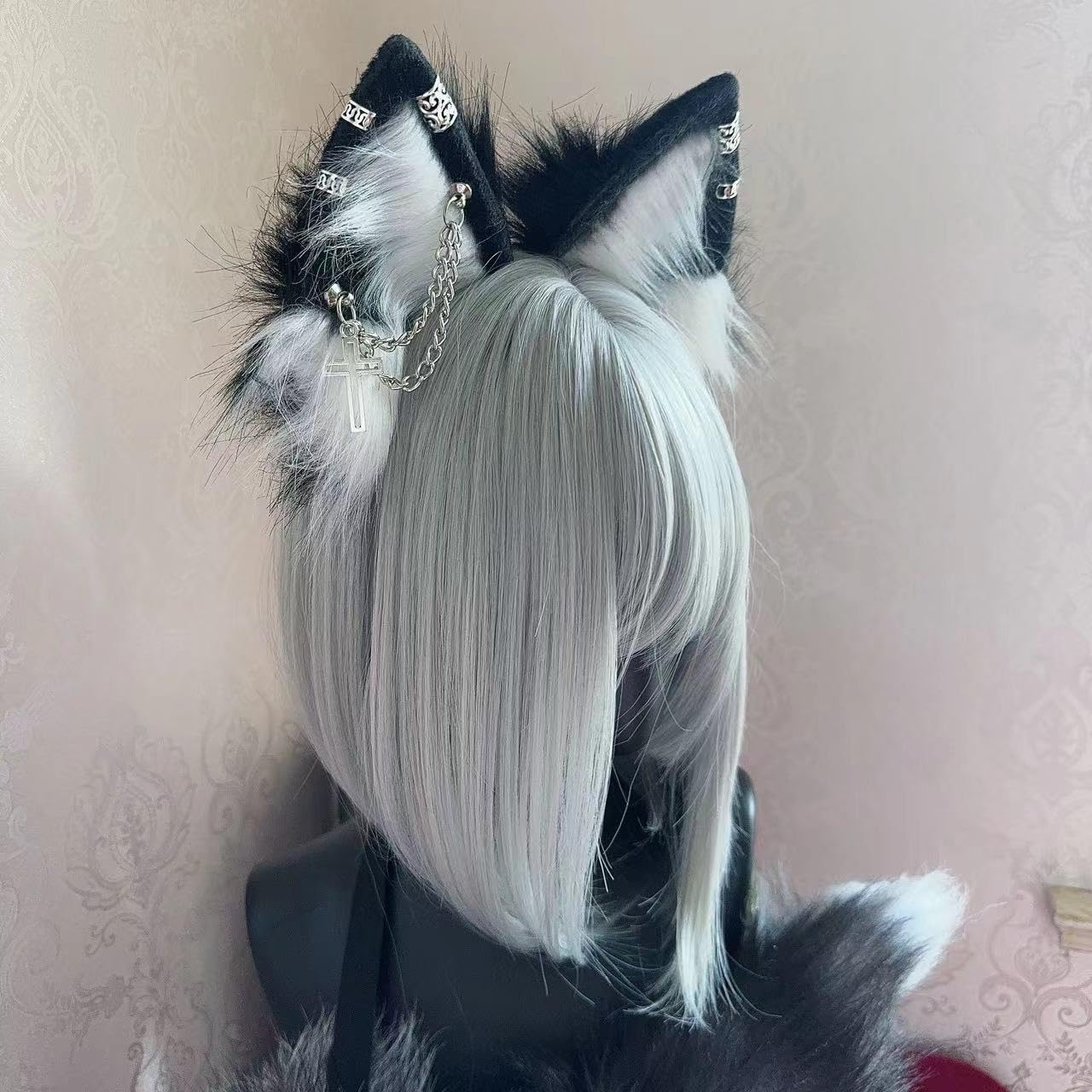 Ekwikzz Wolf Ears Tail Set Fox Wolf Headbands Clips Fluffy Cosplay Costumes, Gothic Punk Accessories for Halloween: Si Cross Bl Bu