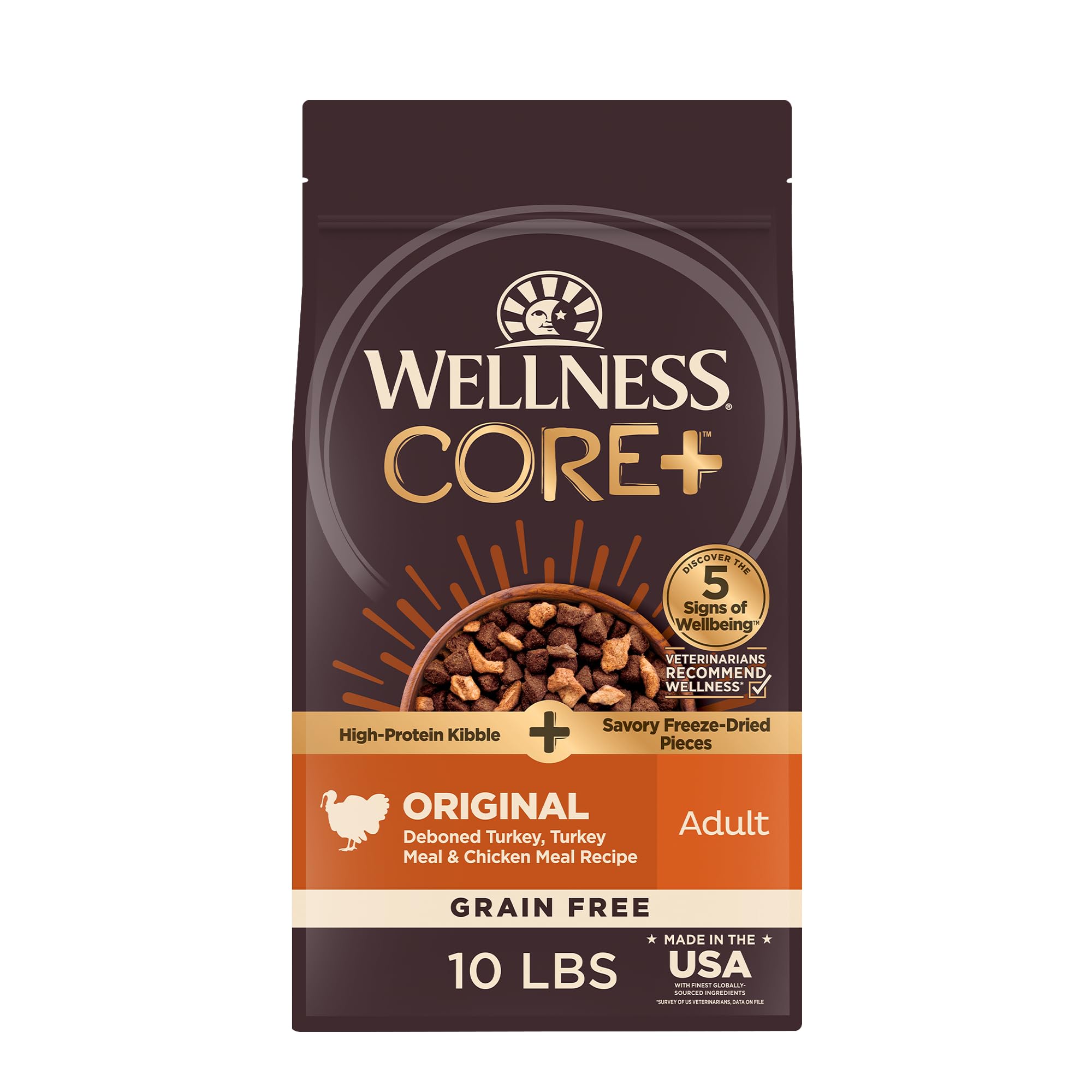 Wellness CORE+ Dry Dog Food with Freeze Dried Pieces, Grain Free, High Protein, Natural, Original Turkey & Chicken Recipe, (10-Pound Bag)