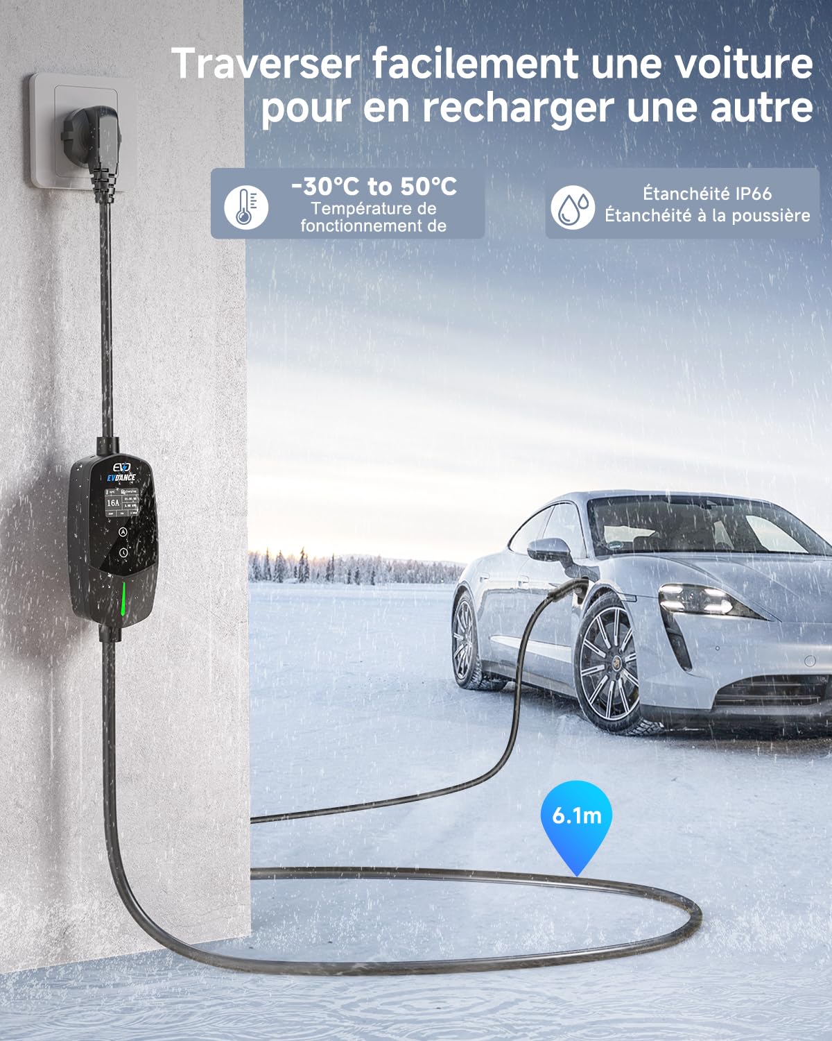 EVDANCE Chargeur Voiture Electrique 3,68KW, 6-16A, 0-12h Programmable, 6,1m | 6-16A Intensité Réglable, 0-12h Charge Différé, Câble Recharge Voiture Électrique Type 2, Étanche IP66, pour EV IEC 62196-2