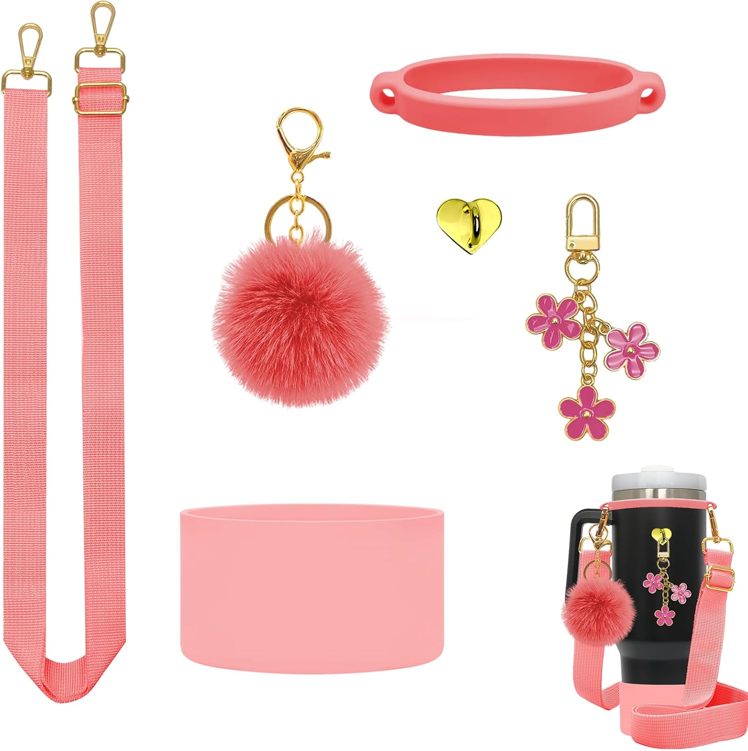 6Pcs Accessories for Stanley Cup 40 oz,Adjustable Handle Strap,Plush Ball,Flower Charms,Rubber Ring,Heart-Shaped Hook,Charms,Siliocne Boot for Stanley 40oz Tumbler