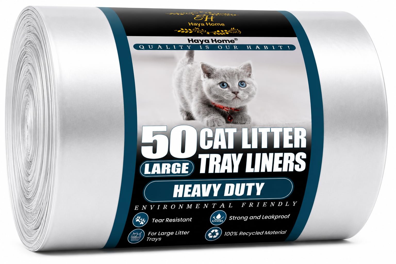 Haya Home Eco 50 Large Heavy Duty Cat Litter Tray Liners on a roll 40μm 80 X 36 cm Claw Scratch Resistant Strong thick Cat Litter Box Plastic Bags Environmentally Friendly 100% Recycled Material