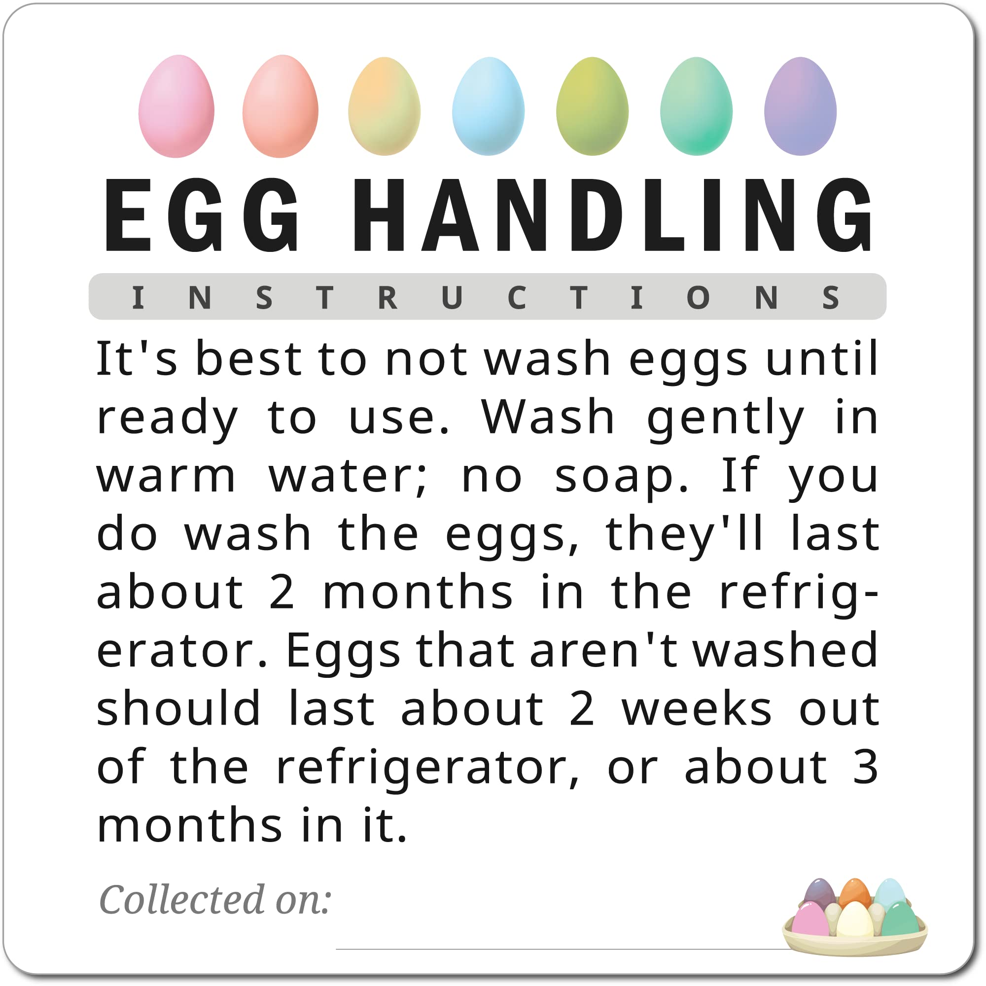 100pcs Premium Fresh Farm Eggs Handling Care Instructions Accessories Stickers Labels | Egg Blank Cartons 4 6 12 15 18 30 48 50 Storing Extra Organizer Basket Box Container (M01-3SS)