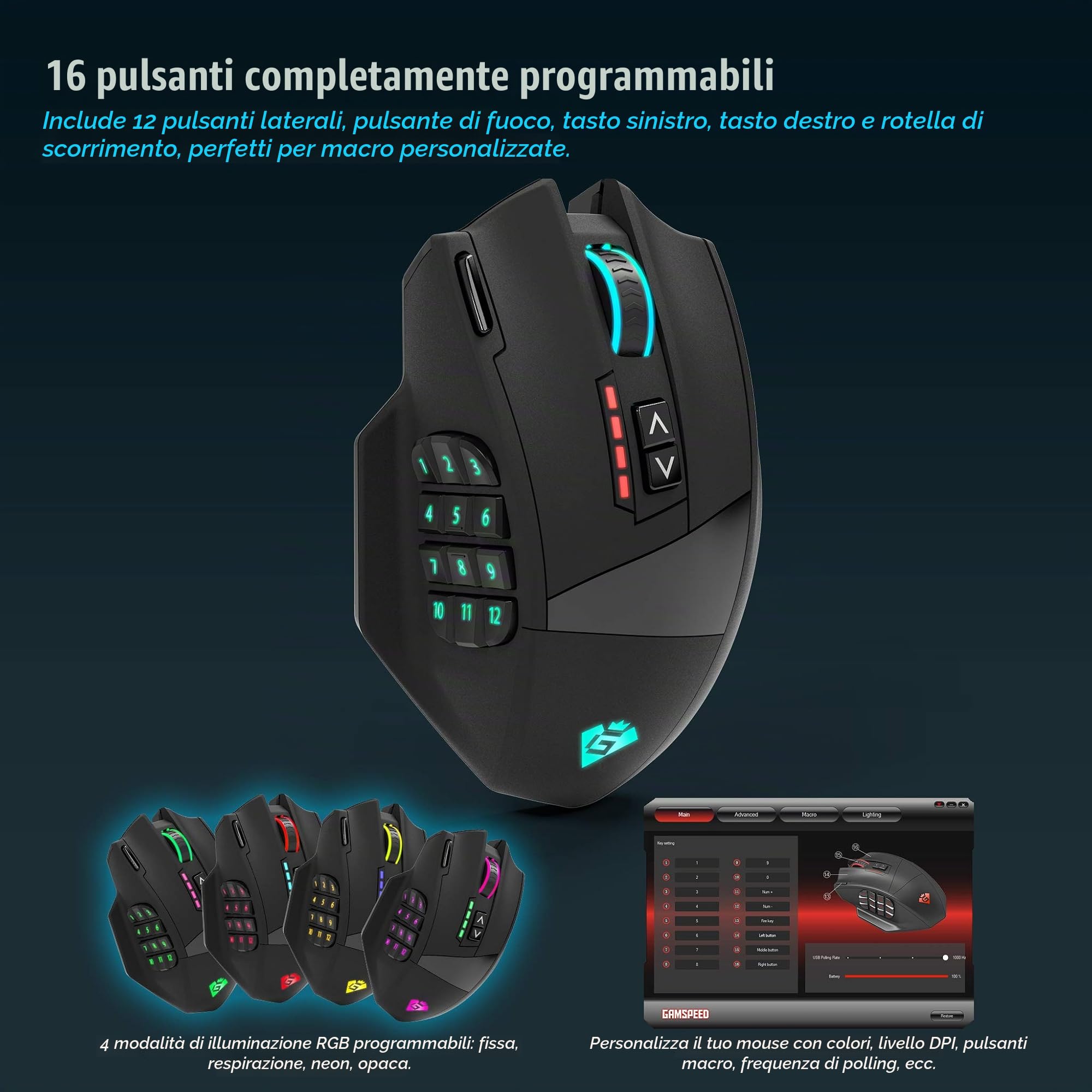 Mouse da gioco wireless senza lag Gamspeed V8 Pro RGB MMO, sensore ottico da 16.000 DPI, tecnologia di trasmissione a 2,4 GHz, design ergonomico , illuminazione Chroma RGB, 16 pulsanti programmabili