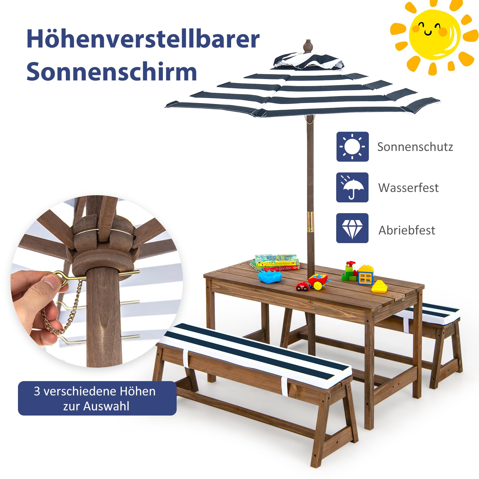 SOARS Kindersitzgruppe, Kinder Picknicktisch mit 2 Bänke & abnehmbarem Sitzkissen, Kindersitzgarnitur mit Sonnenschirm, Sitzgruppe aus Holz, Kinder Gartenmöbel für Outdoor & Indoor (Dunkelblau)