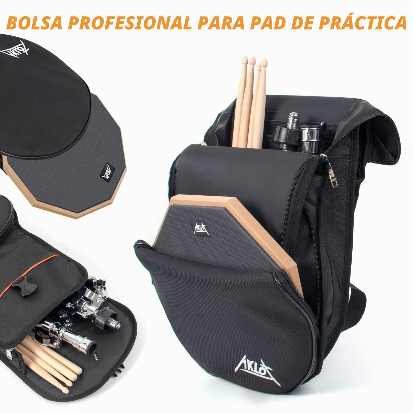 Pad practica bateria AKLOT pad allenamento batteria silicona 12"para adultos con soporte de caja doble cara baquetas bolsa