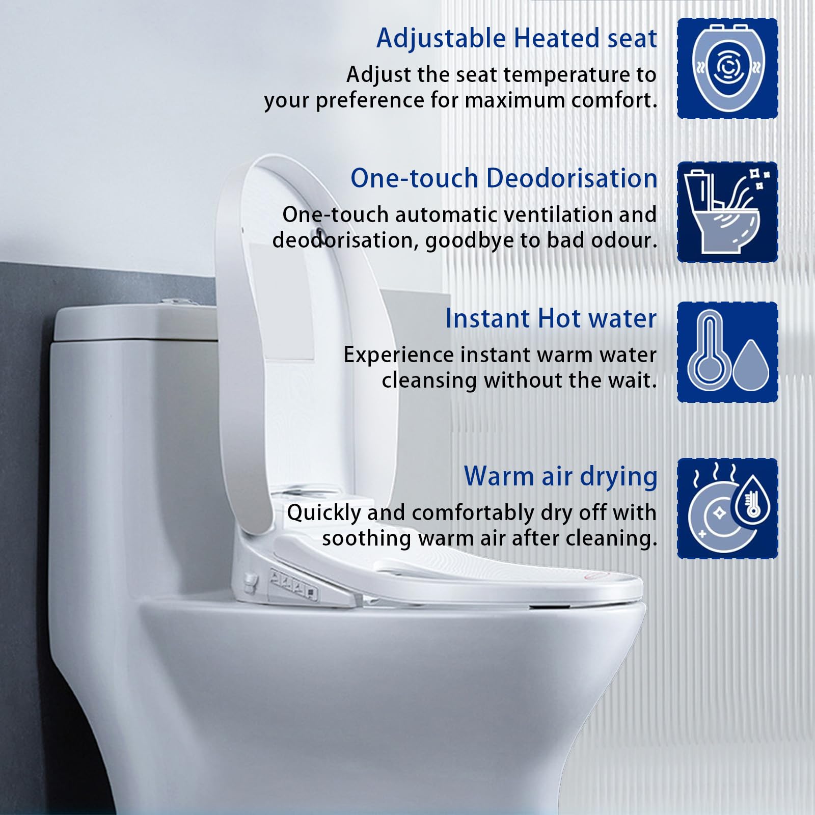 Asiento de Inodoro Inteligente Calefactable con Boquilla – Bidet con Agua Caliente y Secador, Esterilización UV | 4 Modos de Limpieza, Presión Ajustable, Boquillas Autolimpiables y Luz Nocturna