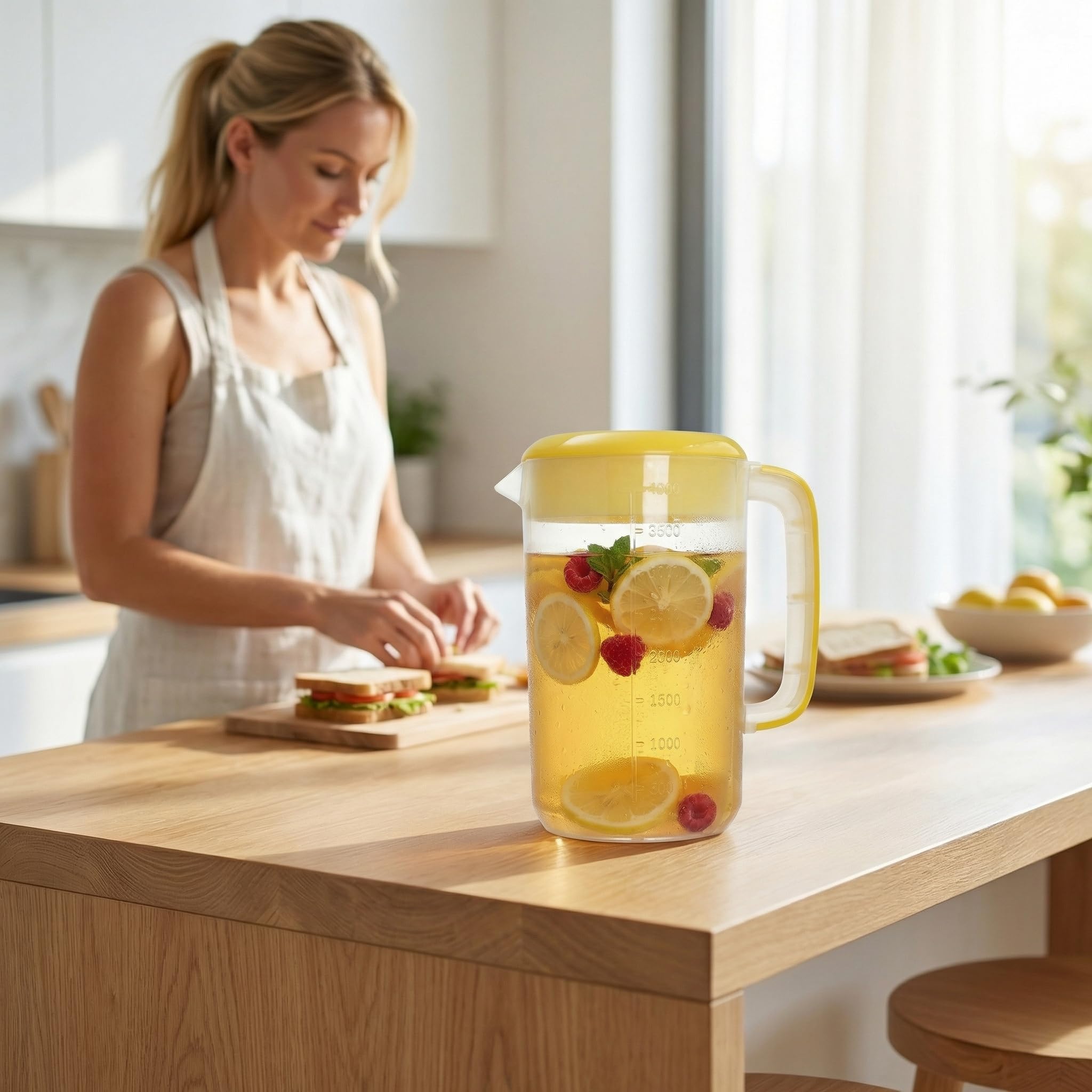 Jucoan Kunststoff-Wasserkrug mit Deckel, großer Wasserkrug, Saft und Eistee, Getränkekaraffe mit Filterdeckel, Griff, Waage für Kühlschrank, Party, 2 Stück