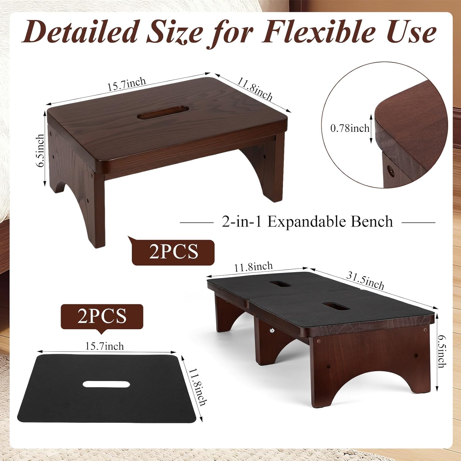 Extra Wide 31.4" Wooden Step Stool – 2 Pack One Step Stool for Adults Seniors 2-in-1 with Non-Slip Rubber Surface – Holds up to 500 Lbs for High Beds Bedroom Bathroom Kitchen Outdoor(6.5 Inch)