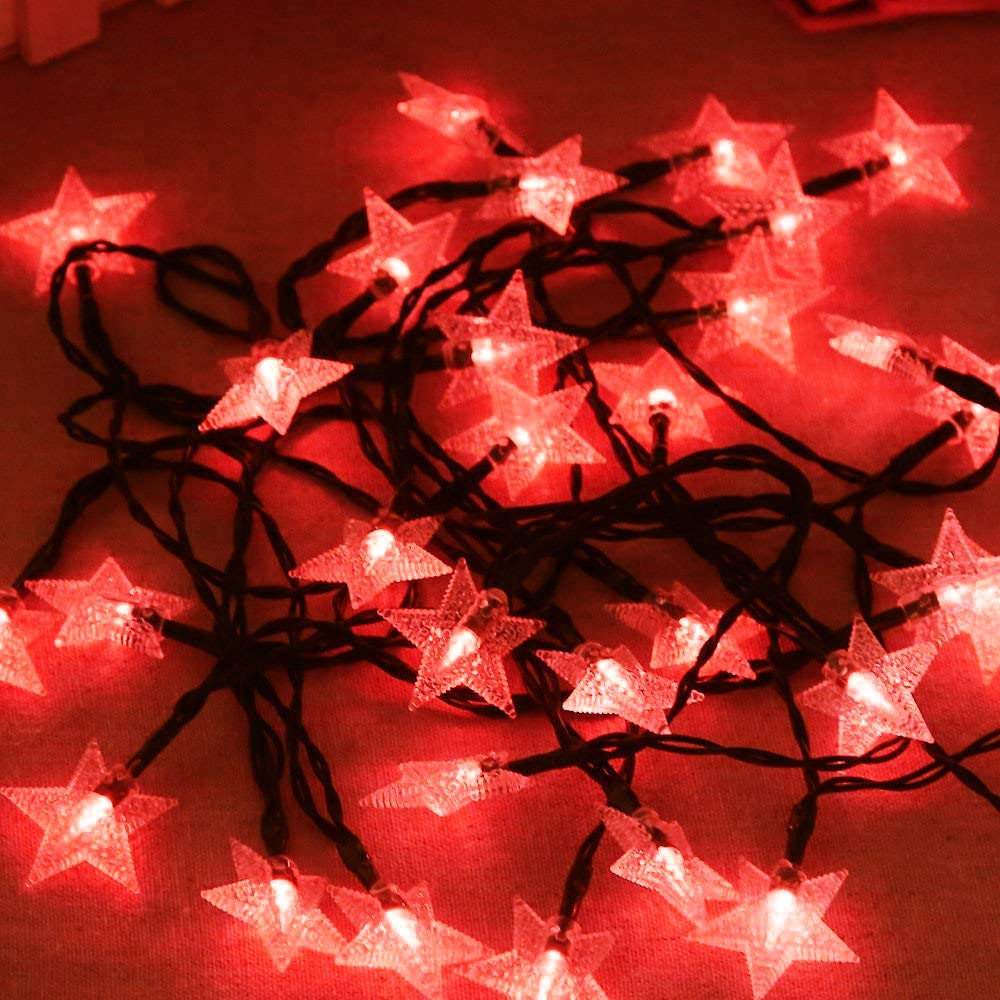 Guirnalda de luces de estrella, 5 m, 50 LED, para interiores, guirnalda de luces de estrella parpadeante, USB (rojo)