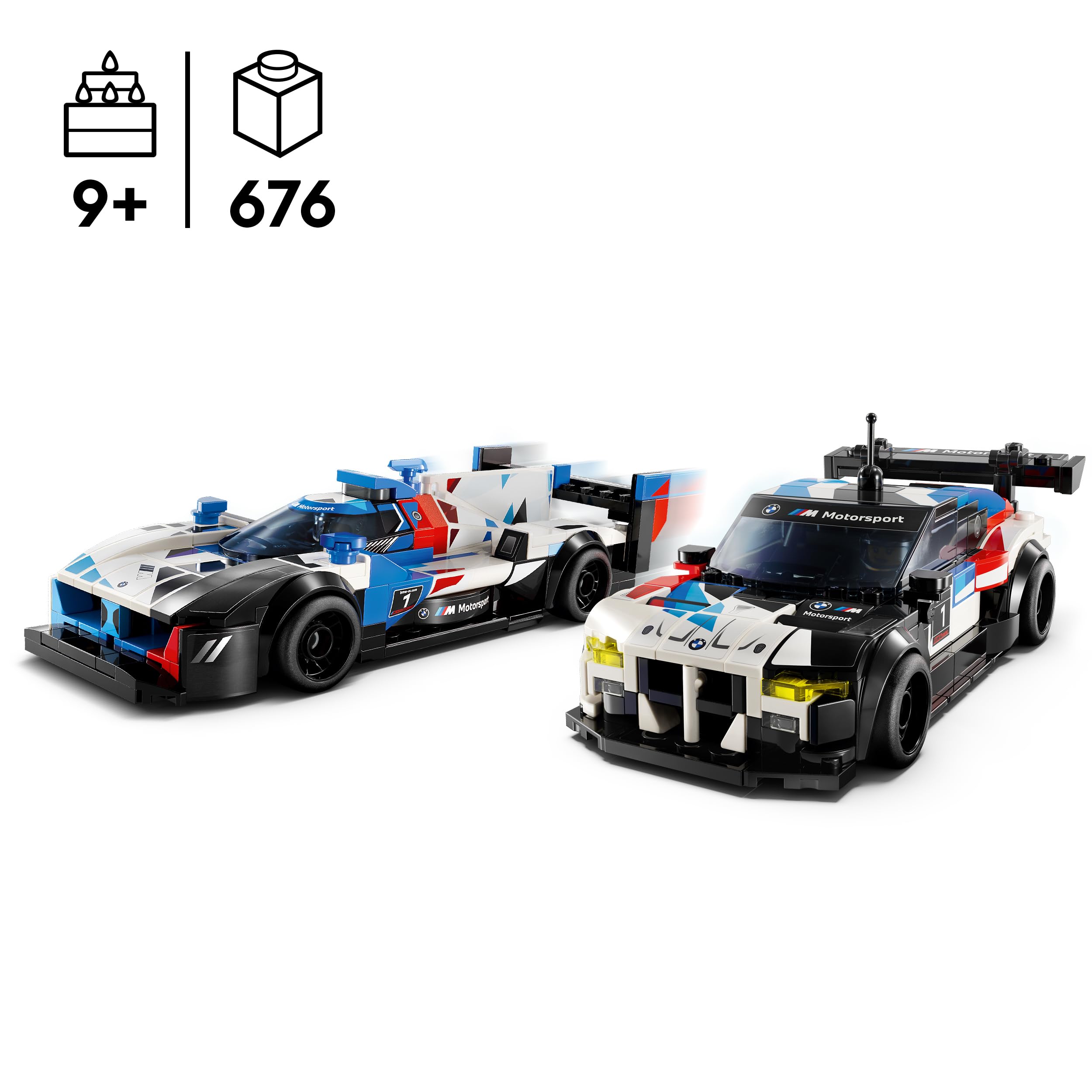 LEGO Speed Champions Samochody wyścigowe BMW M4 GT3 & BMW M Hybrid V8, Dwa Modele Wyścigówek dla Dzieci do Zbudowania z 2 Minifigurkami Kierowców, Dekoracje do Pokoju i Prezent dla 9-latka, 76922