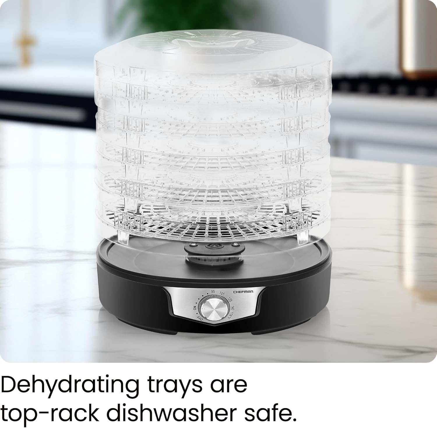 ఖాళీ పారదర్శక డీహైడ్రేటర్ ట్రేలు, అవి టాప్-రాక్ డిష్వాషర్ సురక్షితమని చూపిస్తున్నాయి