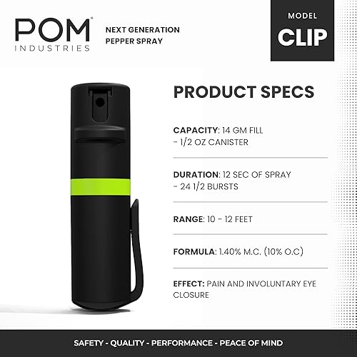 Miniatura 3 de POM - Gas pimienta con clip para bolsillo superior, aerosol con OC de máxima potencia para autodefensa, diseño táctico compacto y seguro, 25ráfagas,