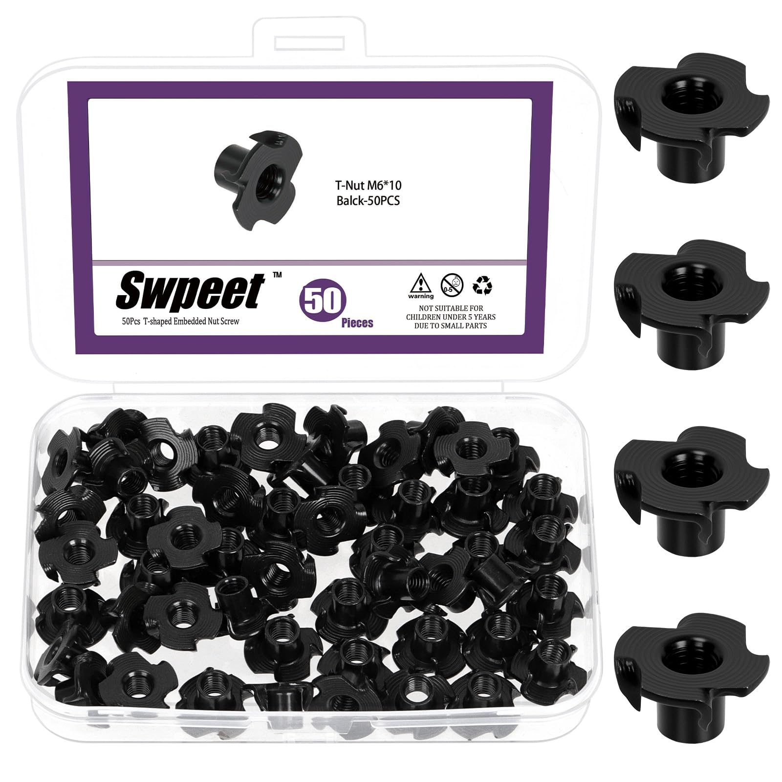 Swpeet 50Pcs M6×10 Zinc Plated T-Nuts, 4-Pronged Tee Nut, Threaded Inserts, Bolt Dropper T-Nut Wood Insert for Furniture, Cabinet, Wood, Rock Climbing Holds