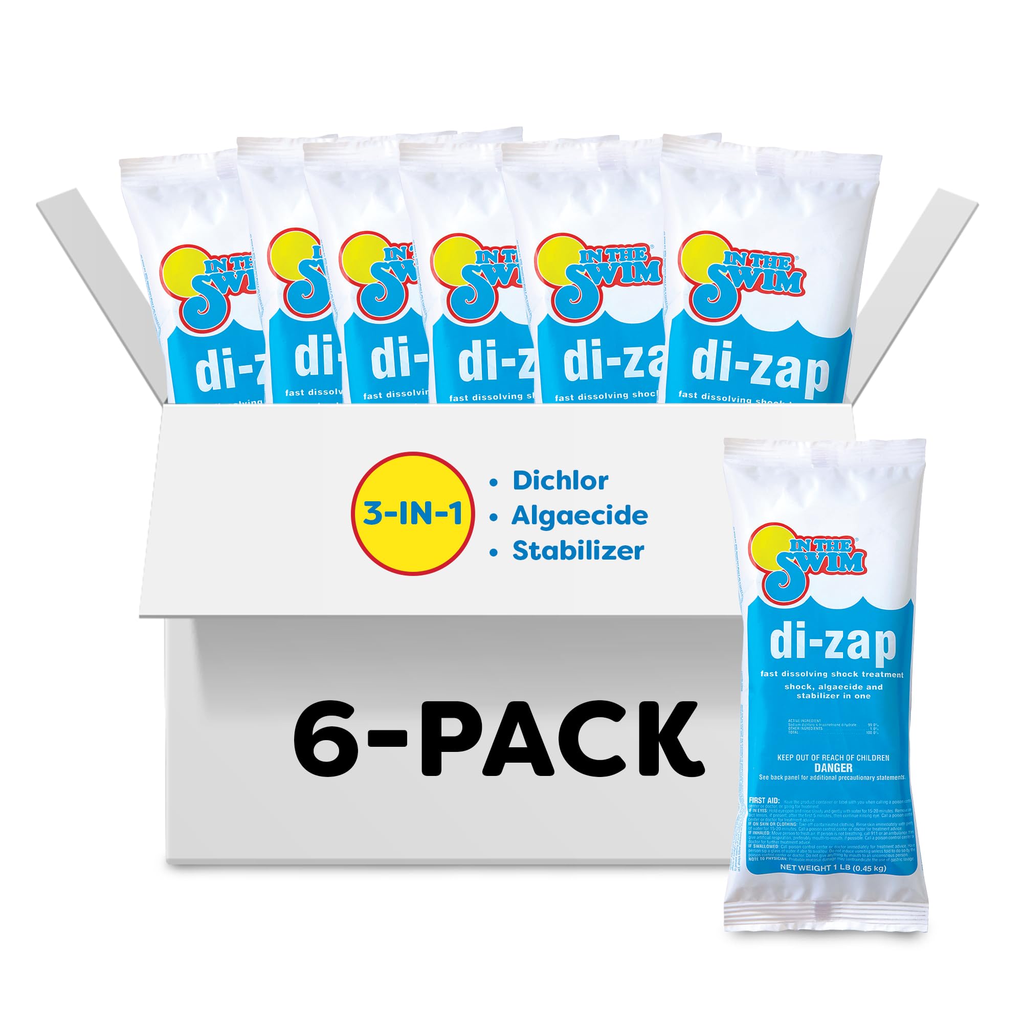In The Swim Premium 3-in-1 Pool Shock - Di-Zap Contains Dichlor, Algaecide, and Stabilizer - 6 x 1 lb. Bags